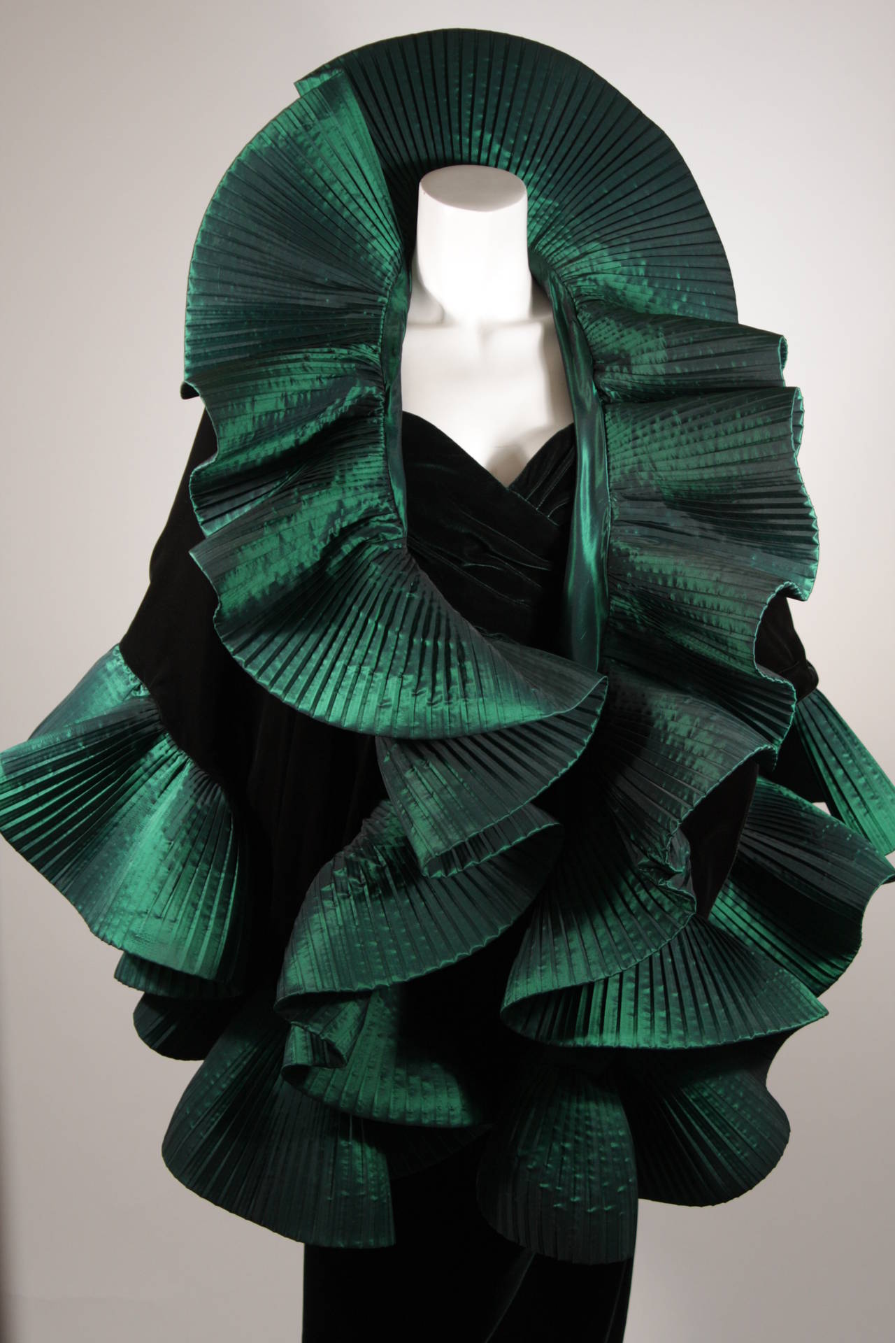 Victor Costa Green Velvet Gown with Large Ruffled Exaggerated Wrap at ...