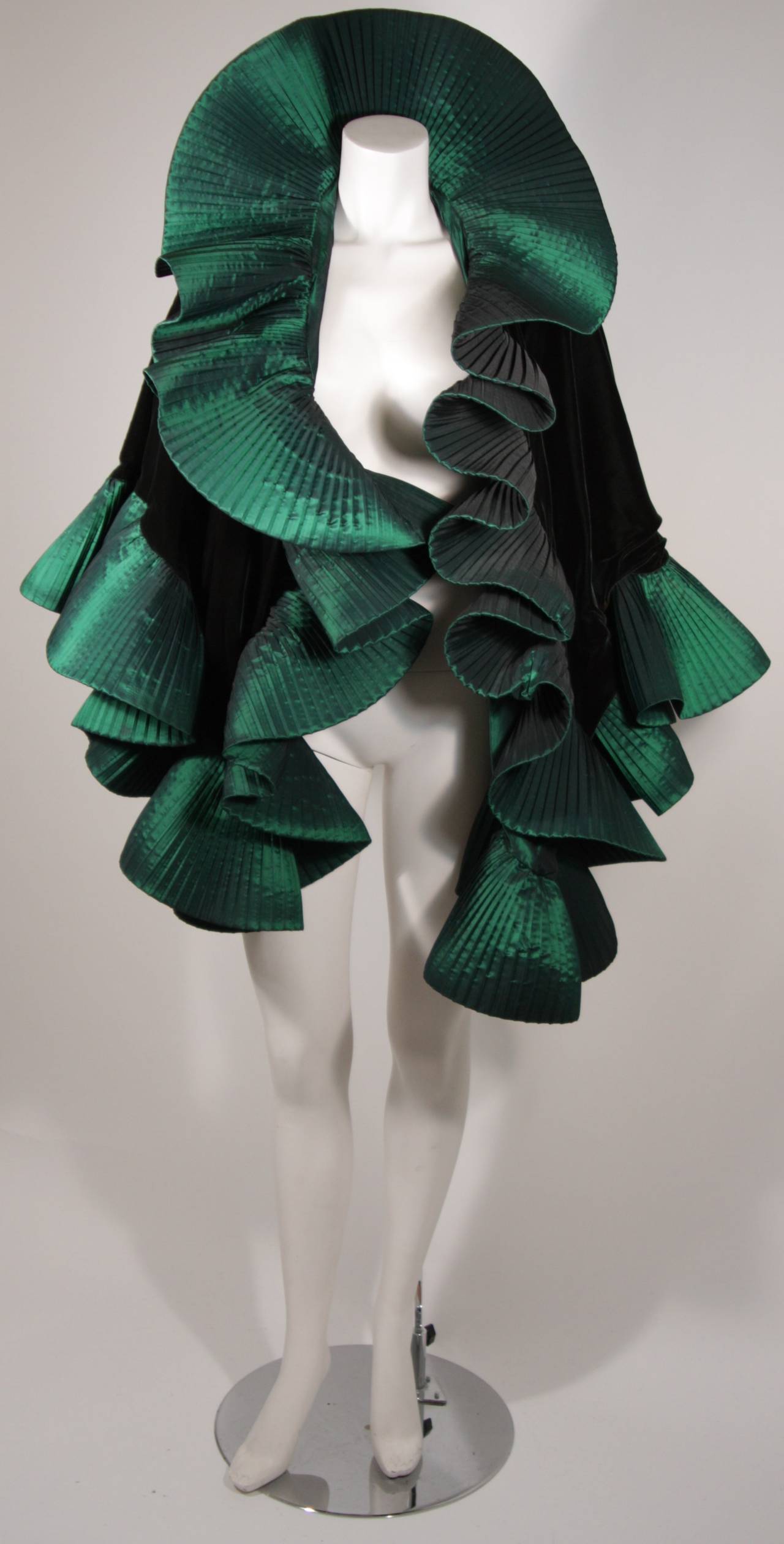 Black Victor Costa Green Velvet Gown with Large Ruffled Exaggerated Wrap