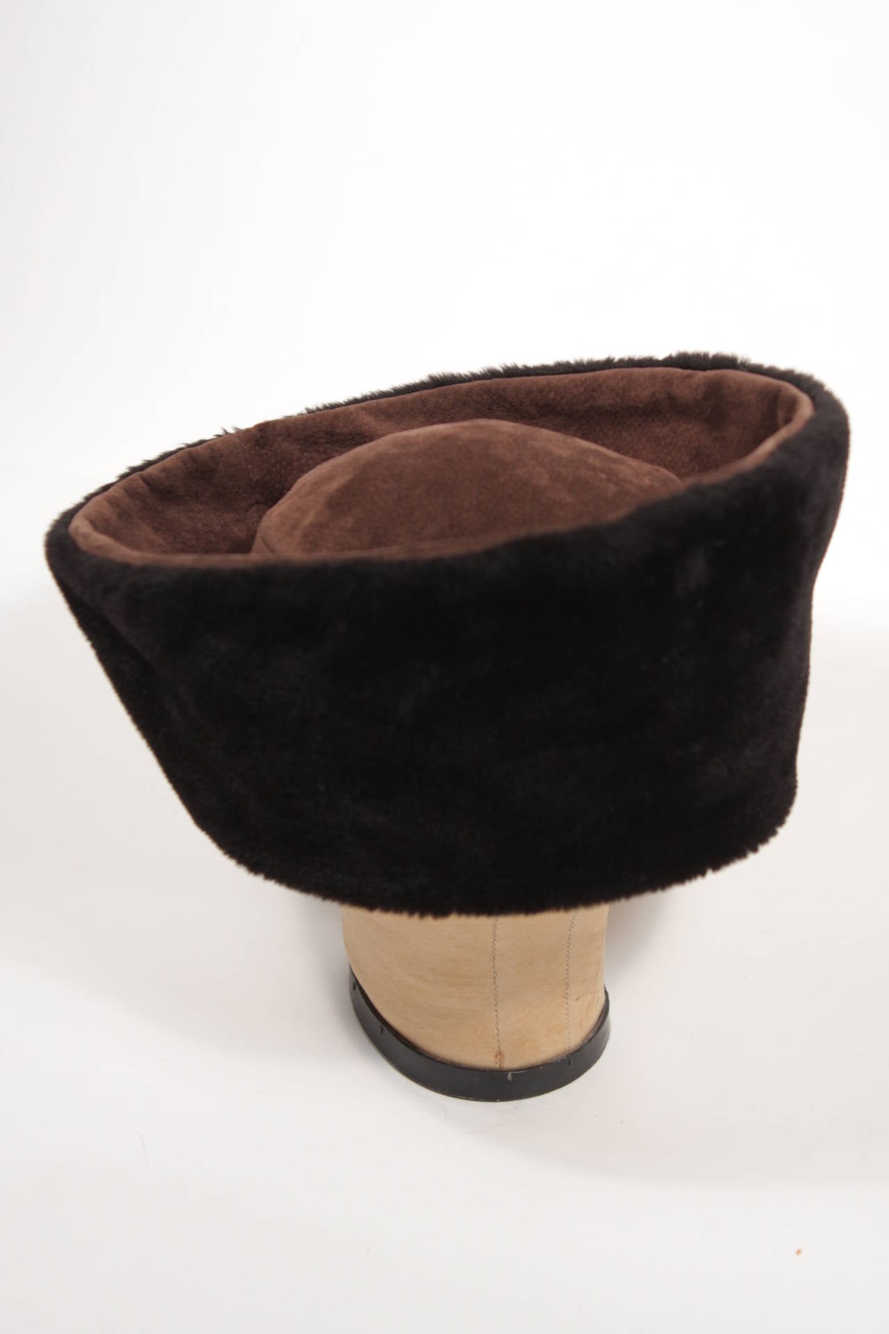 Women's Yves Saint Laurent Brown Suede Hat with Black Sherling Interior