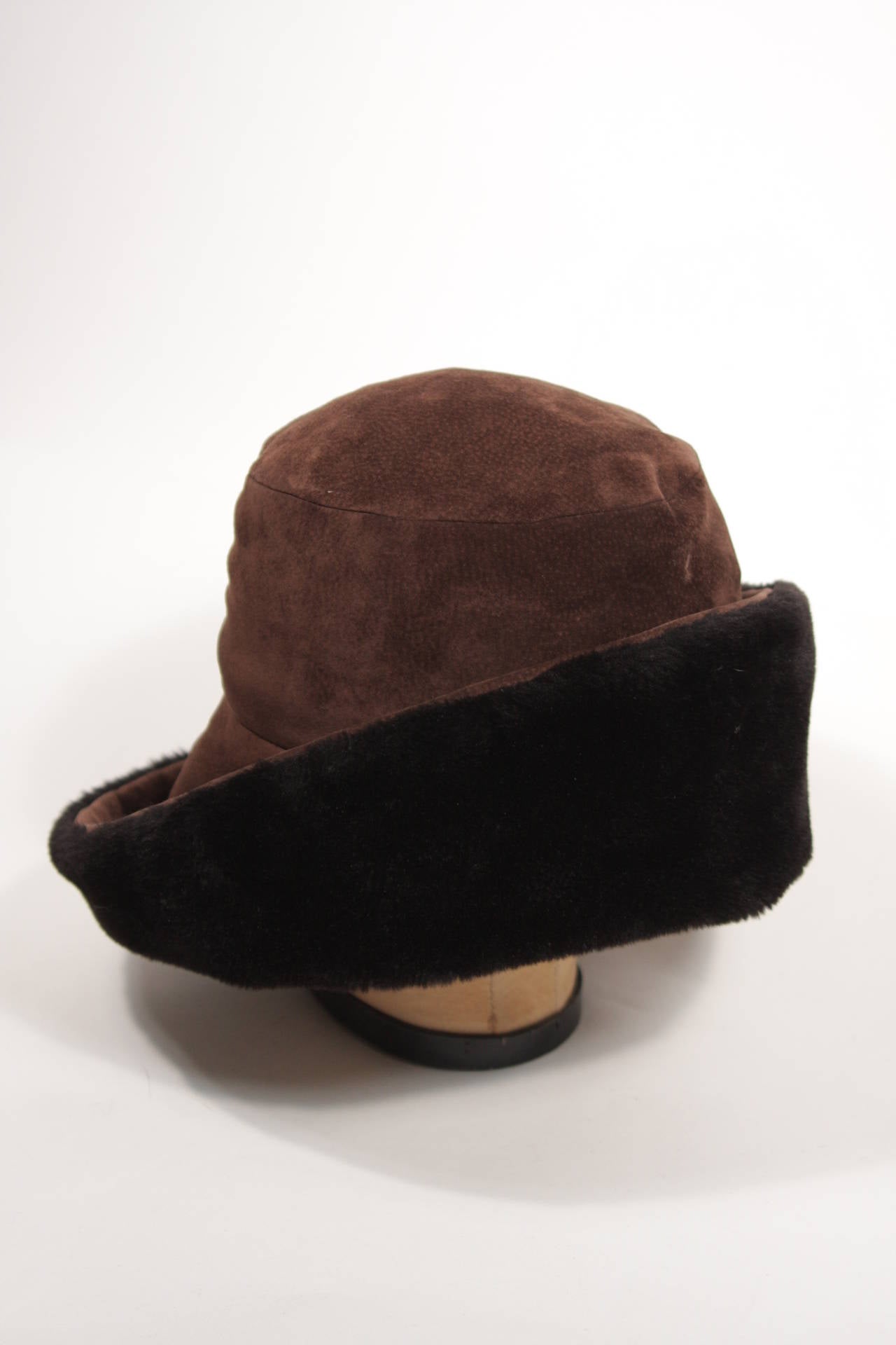 Yves Saint Laurent Brown Suede Hat with Black Sherling Interior 1
