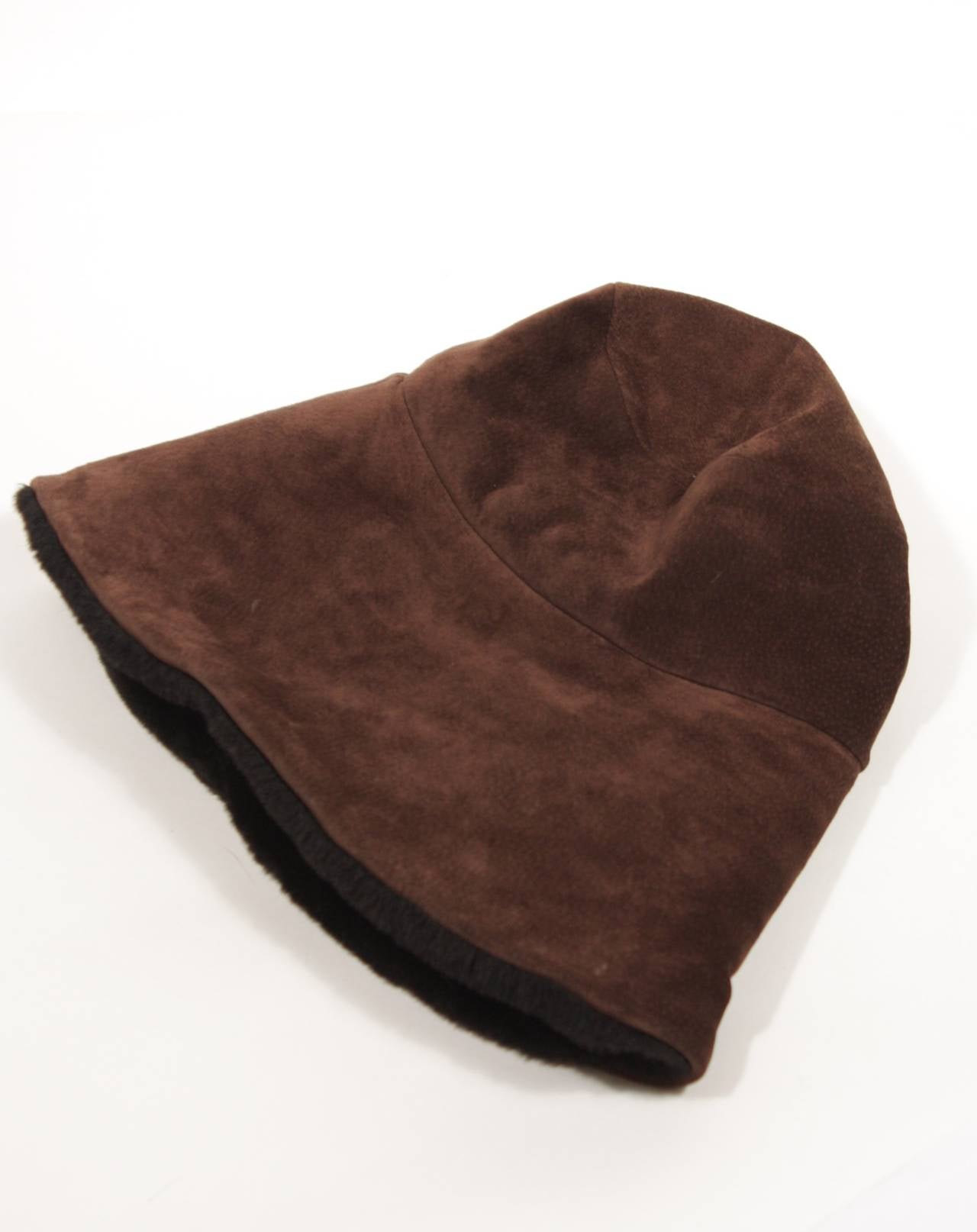 Yves Saint Laurent Brown Suede Hat with Black Sherling Interior 4