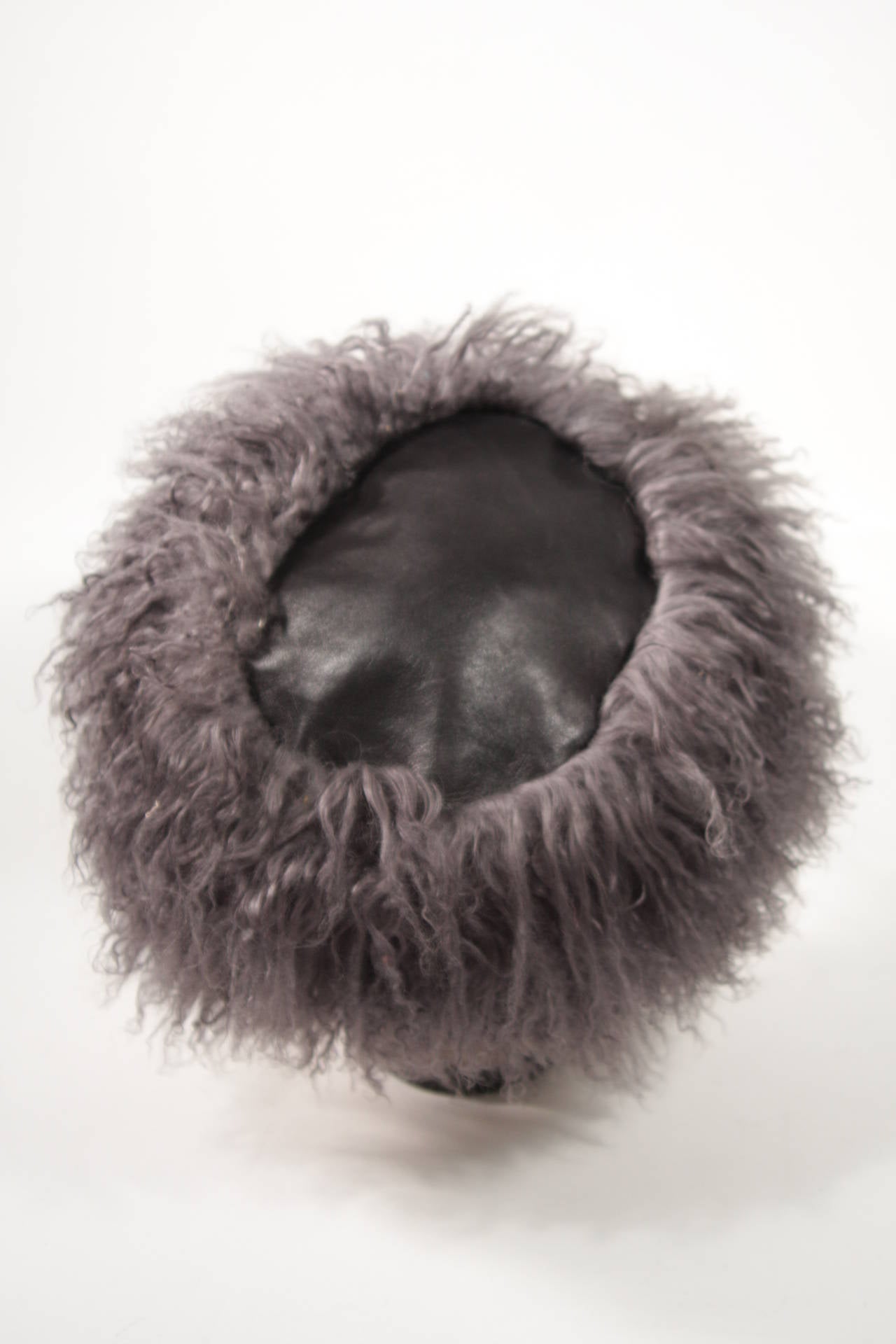 Gray 1980s Yves Saint Laurent Grey Leather & Mongolian Lamb Hat For Sale