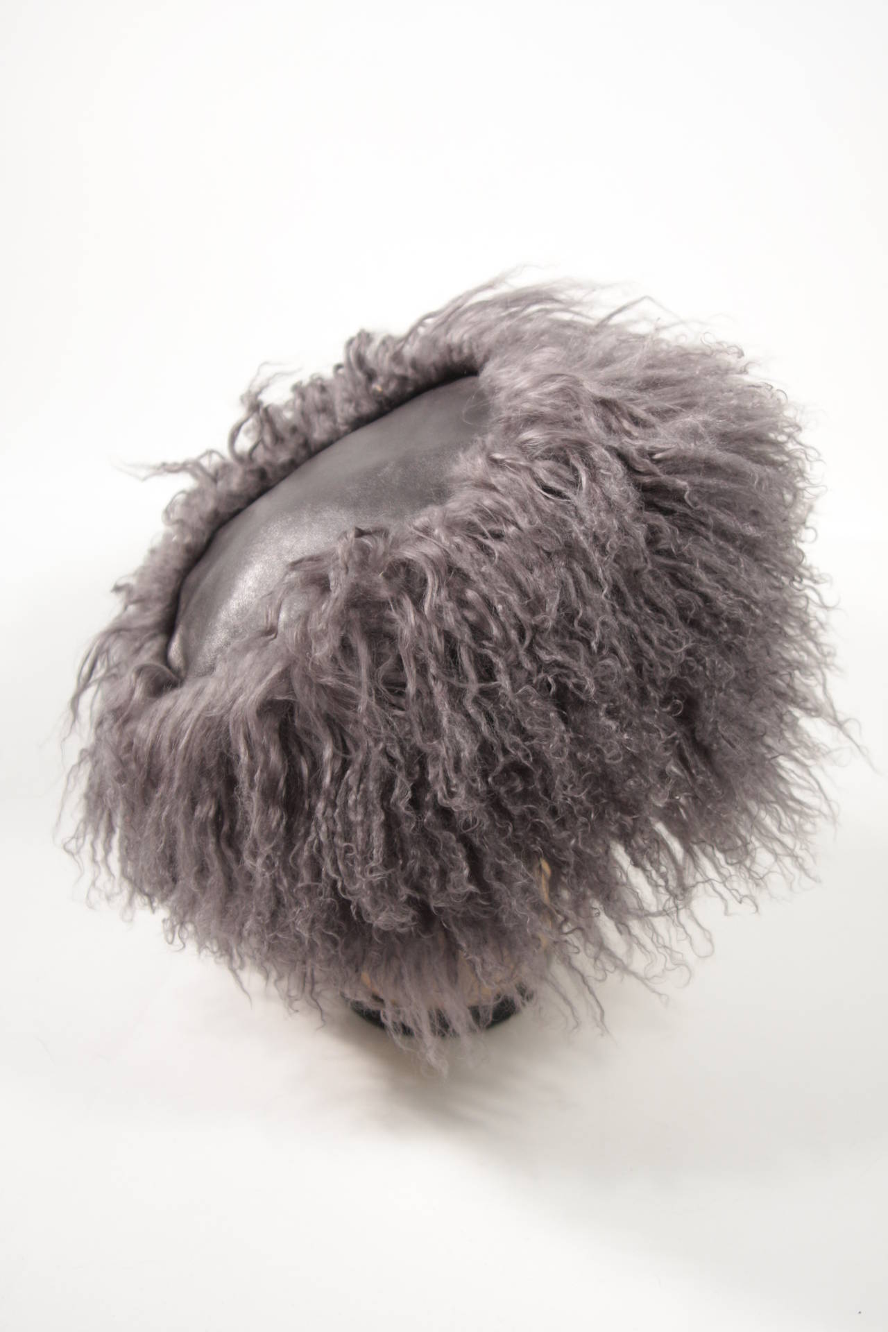 1980s Yves Saint Laurent Grey Leather & Mongolian Lamb Hat In Excellent Condition For Sale In Los Angeles, CA