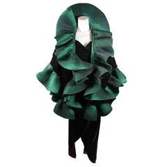 Victor Costa Green Velvet Gown with Large Ruffled Exaggerated Wrap