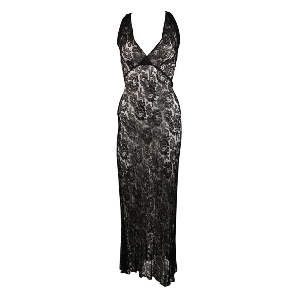 Black Stretch Lace Racer Style Back Gown For Sale at 1stDibs