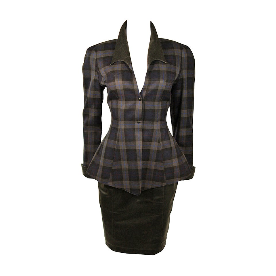 Thierry Mugler Navy and Grey Plaid Skirt Suit Size 38