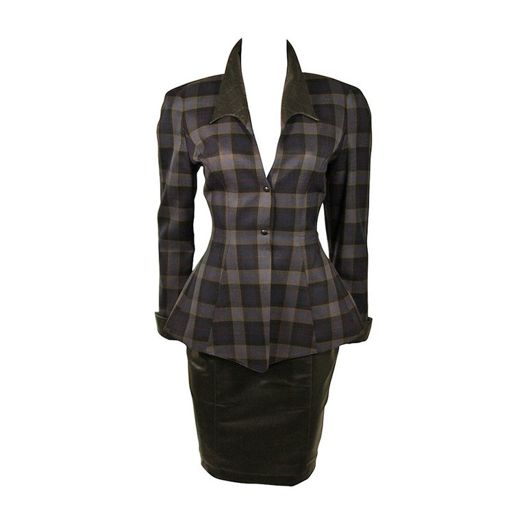Thierry Mugler Navy and Grey Plaid Skirt Suit Size 38 For Sale at 1stDibs grey plaid skirt outfit gray plaid skirt outfit