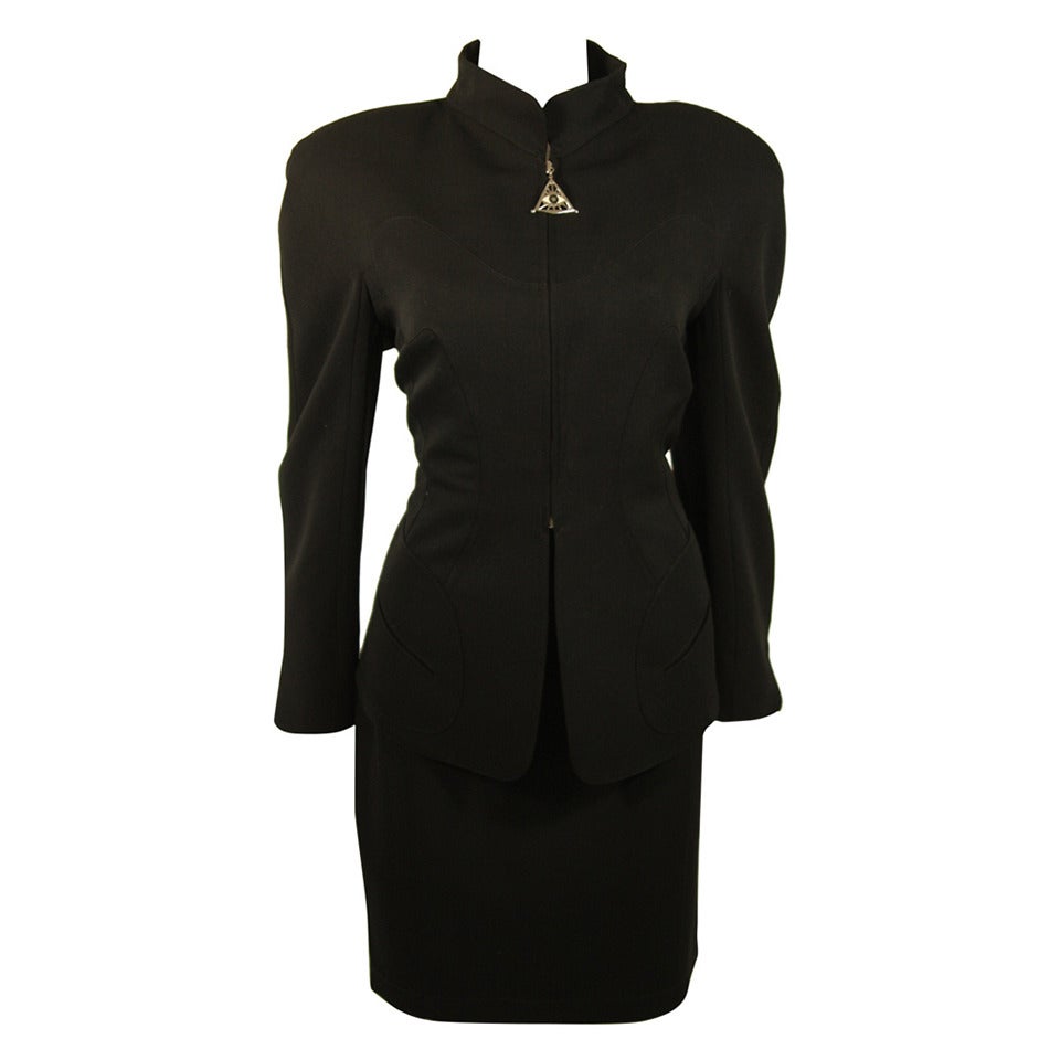 Thierry Mugler Black Skirt Suit with Pyramid Eye Zip Accent Size 44