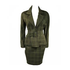 Vintage Thierry Mugler Green Plaid Skirt Suit with Belt Size 40