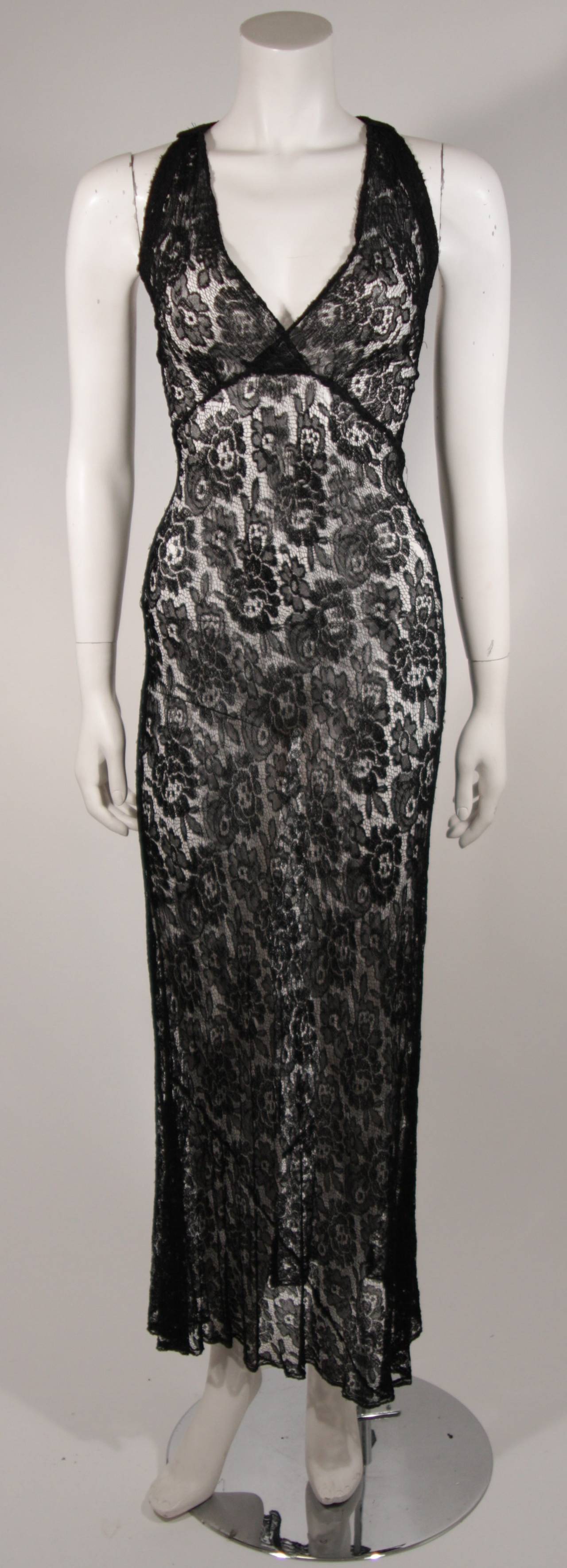 Black Stretch Lace Racer Style Back Gown For Sale at 1stDibs