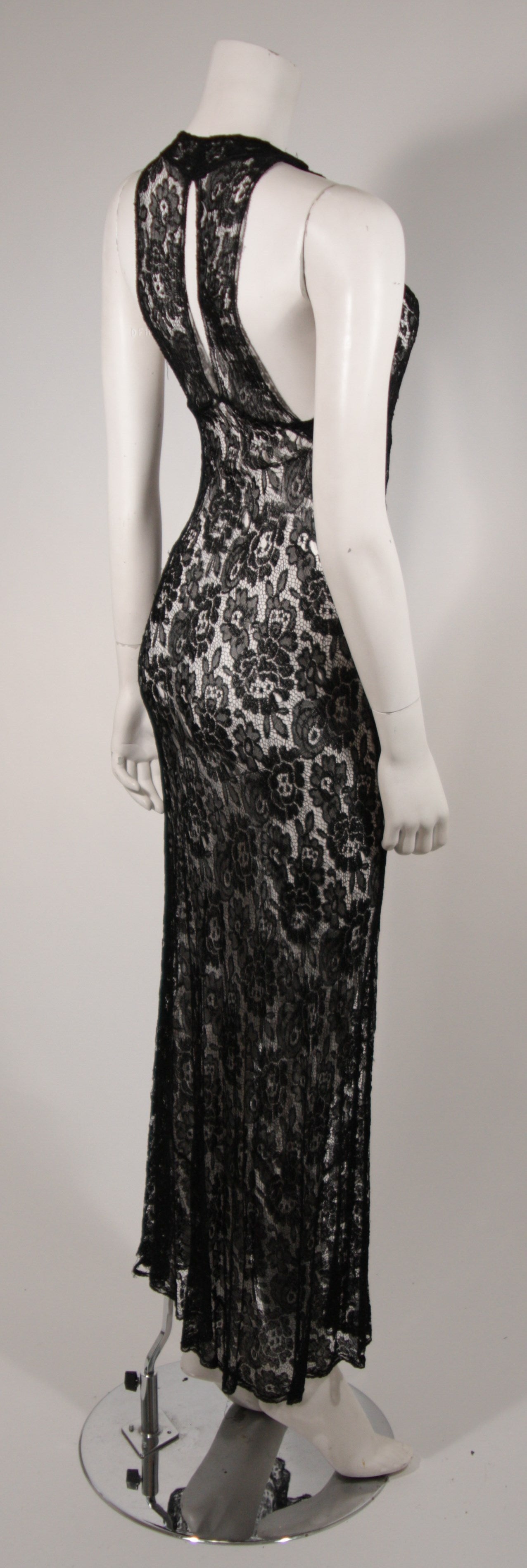 Black Stretch Lace Racer Style Back Gown For Sale 1