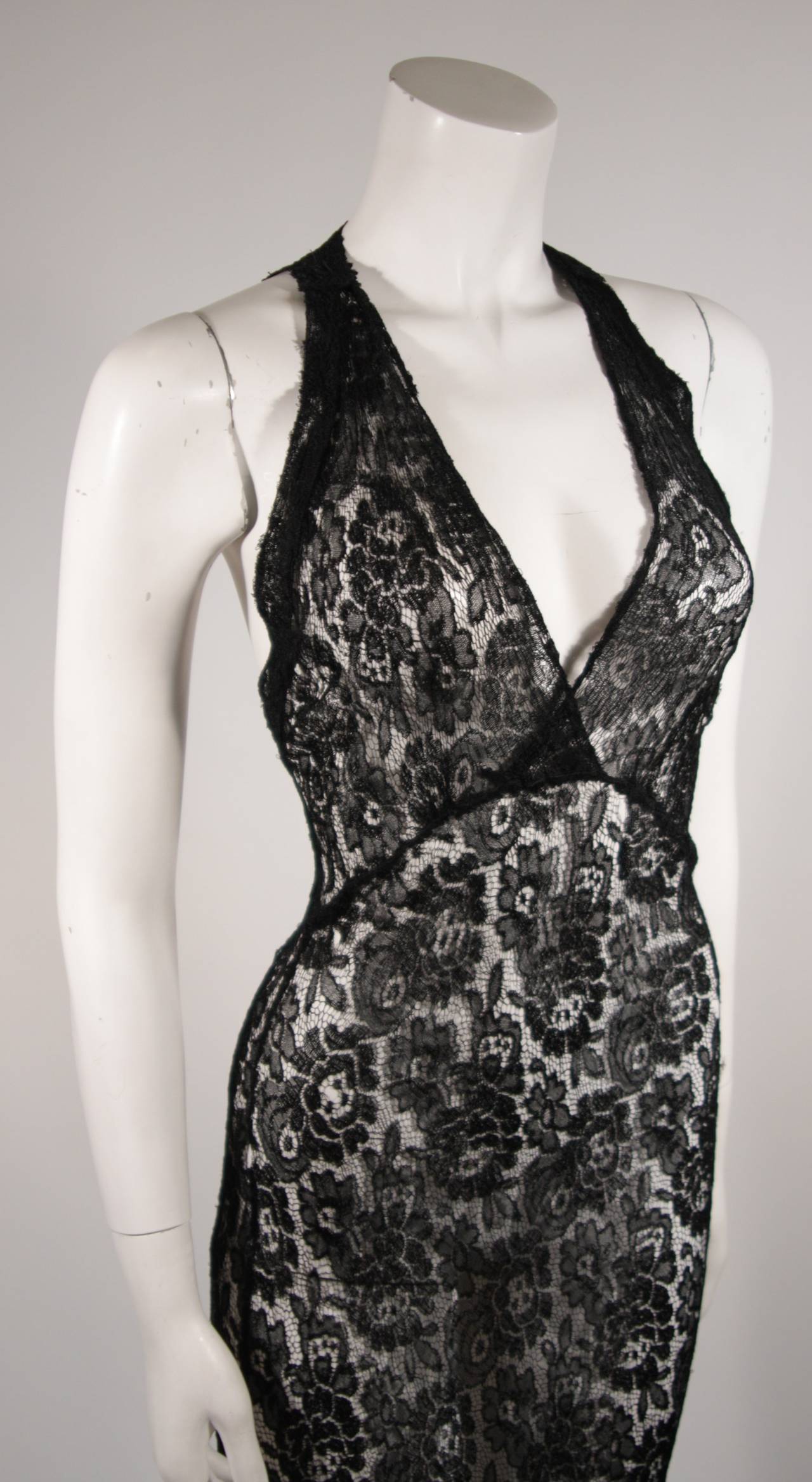 Black Stretch Lace Racer Style Back Gown In Excellent Condition For Sale In Los Angeles, CA