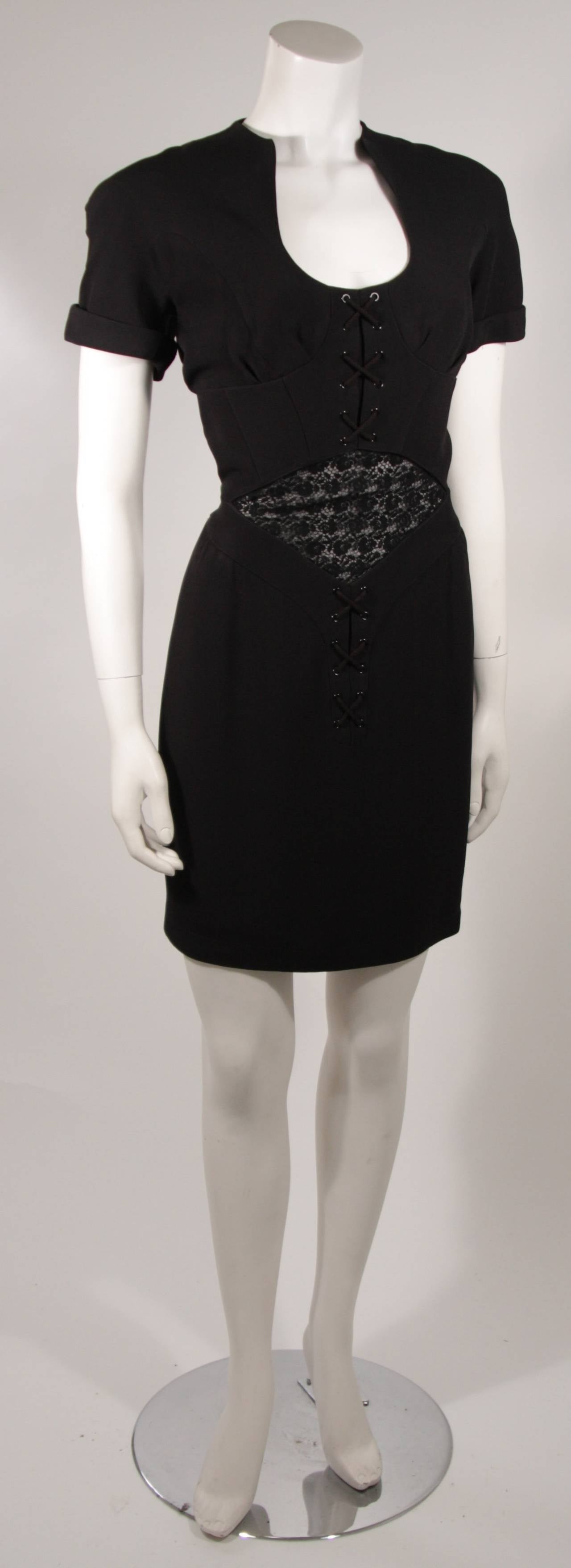 Theirry Mugler Black Cocktail Dress with Corset and Lace Details Size 40 In Excellent Condition In Los Angeles, CA