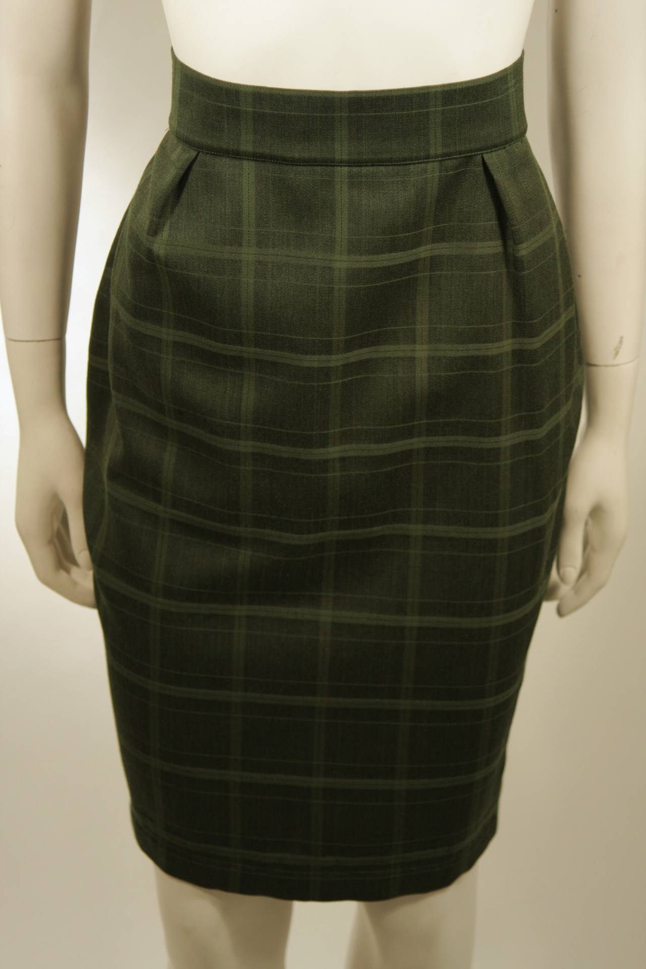 Thierry Mugler Green Plaid Skirt Suit with Belt Size 40 4