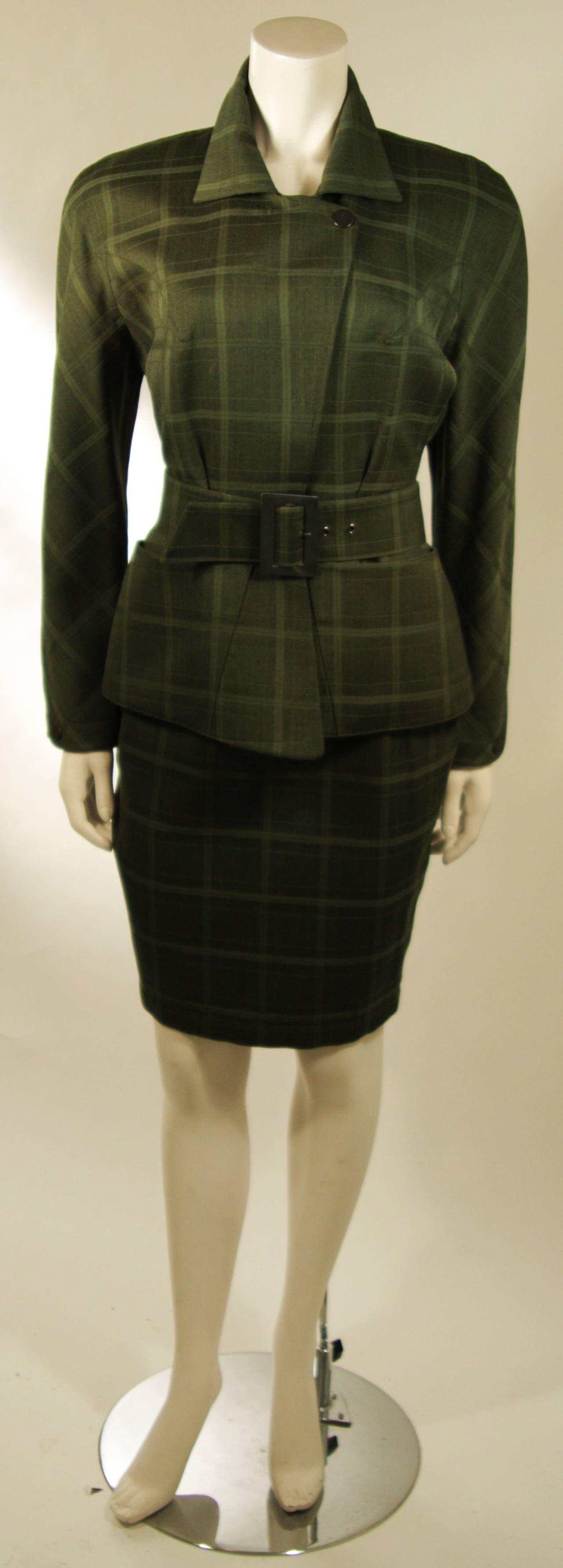 Black Thierry Mugler Green Plaid Skirt Suit with Belt Size 40