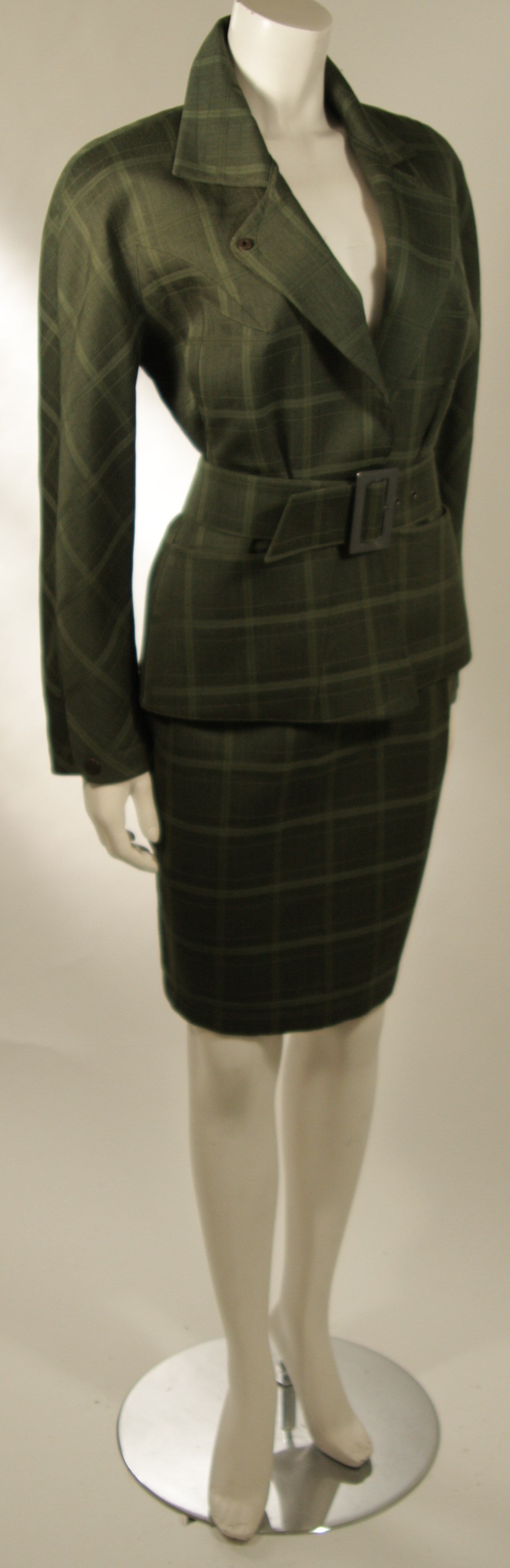 Thierry Mugler Green Plaid Skirt Suit with Belt Size 40 In Excellent Condition In Los Angeles, CA