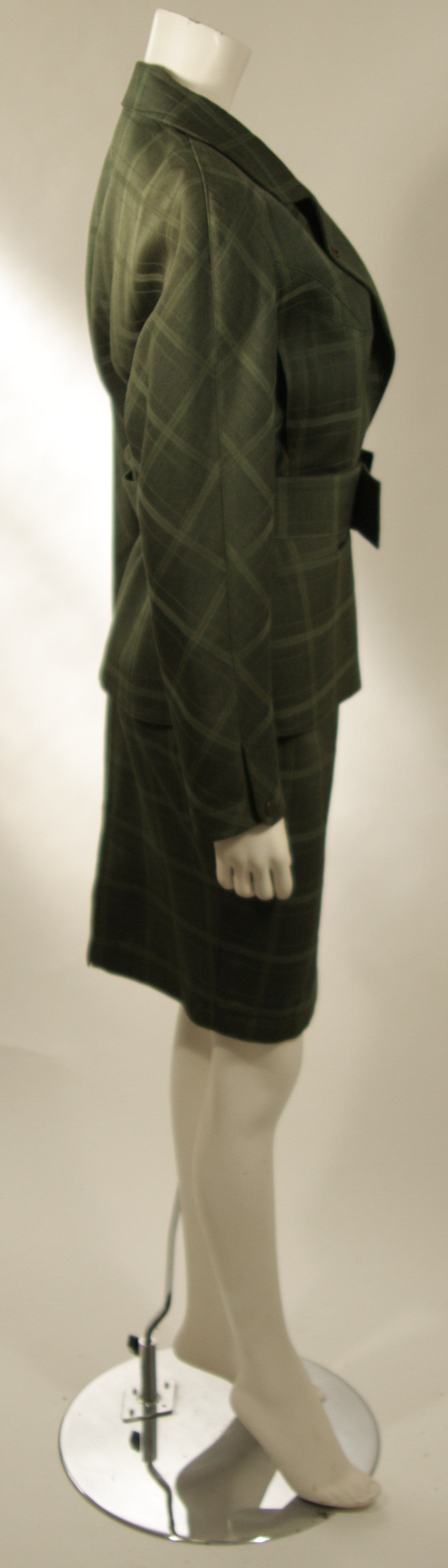 Women's Thierry Mugler Green Plaid Skirt Suit with Belt Size 40