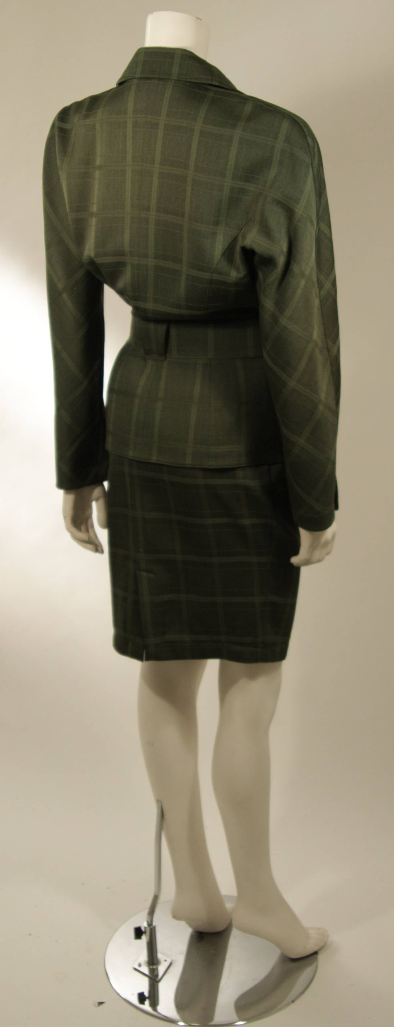 Thierry Mugler Green Plaid Skirt Suit with Belt Size 40 1