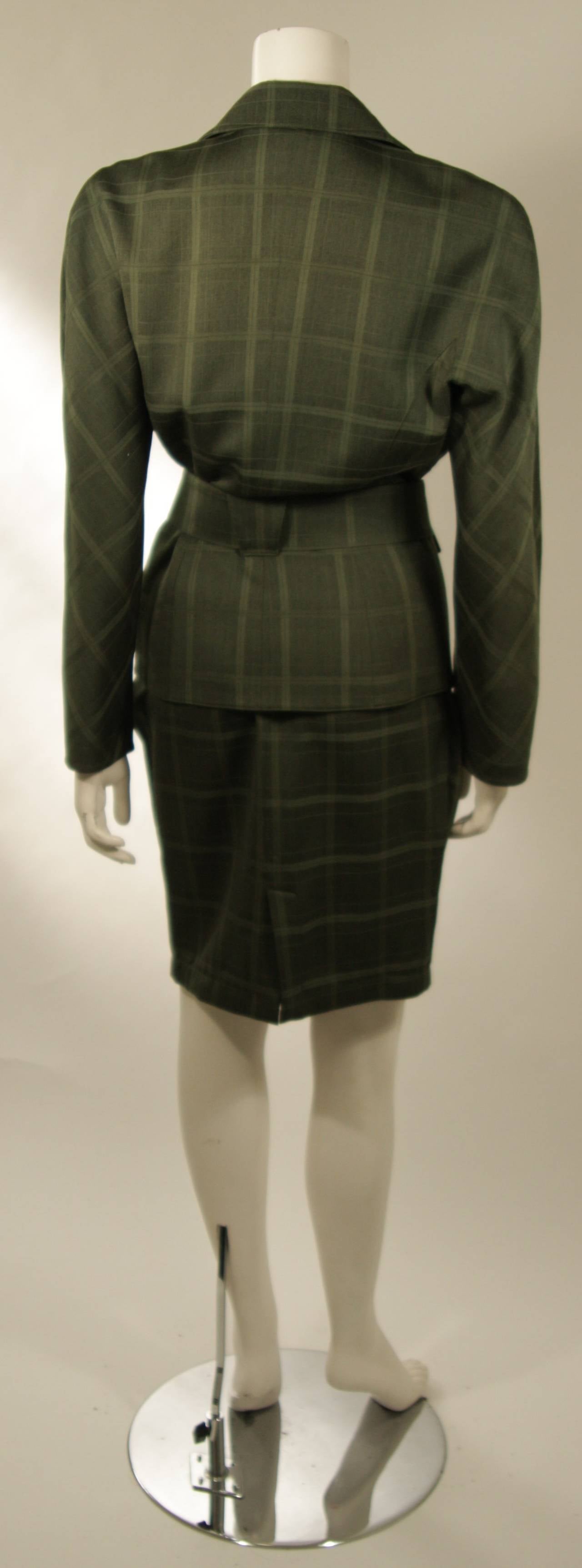 Thierry Mugler Green Plaid Skirt Suit with Belt Size 40 2