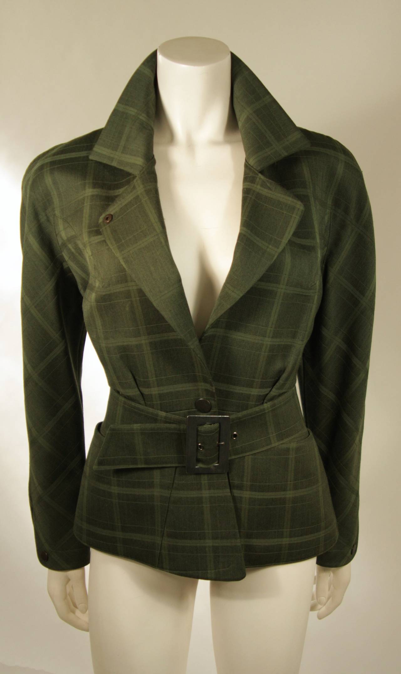 Thierry Mugler Green Plaid Skirt Suit with Belt Size 40 3