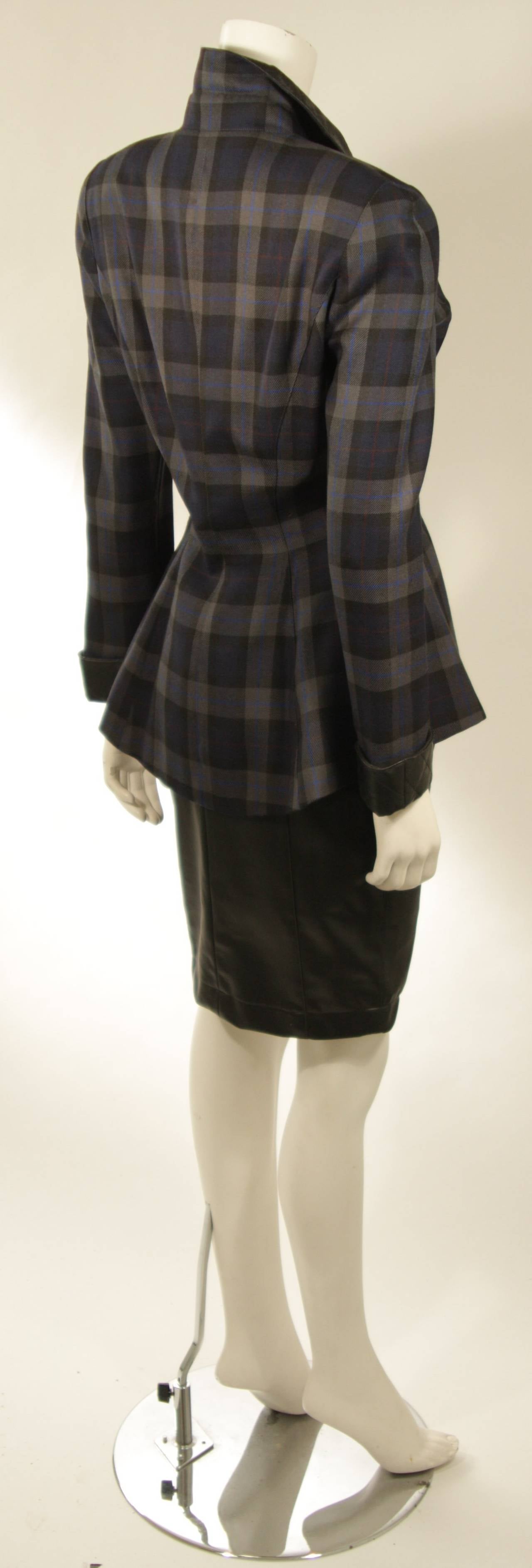 Black Thierry Mugler Navy and Grey Plaid Skirt Suit Size 38 For Sale