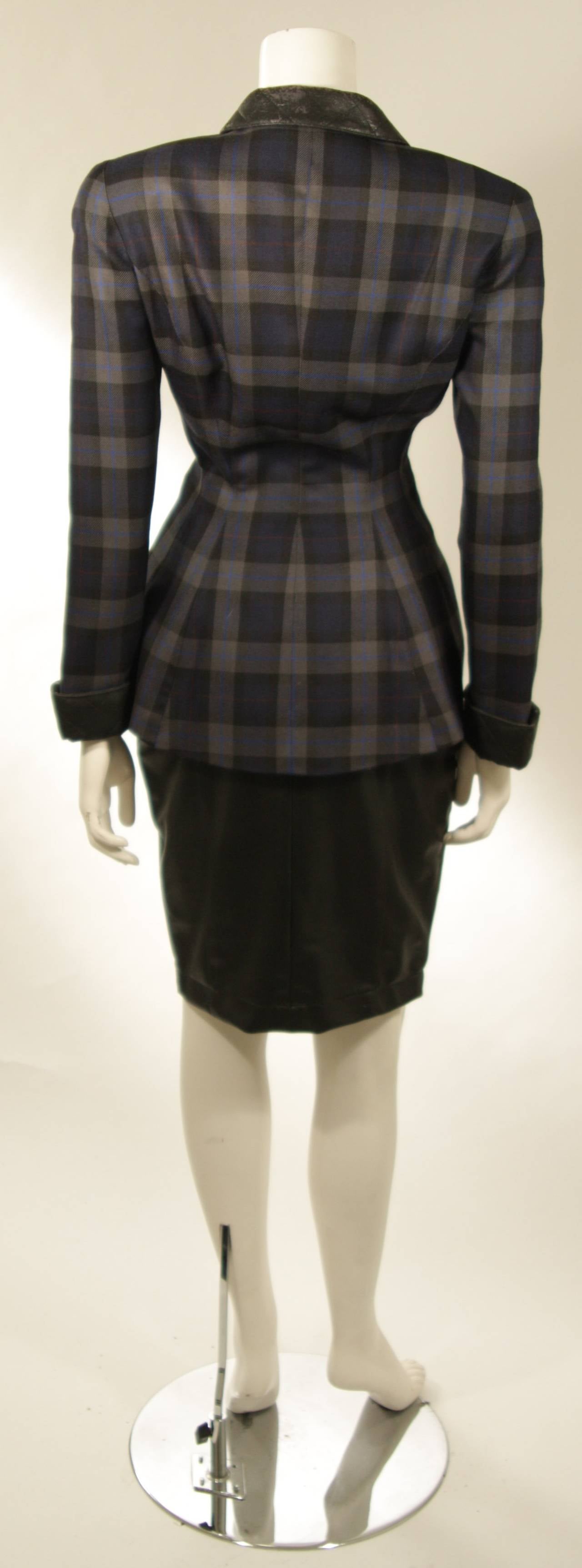 Thierry Mugler Navy and Grey Plaid Skirt Suit Size 38 In Good Condition For Sale In Los Angeles, CA