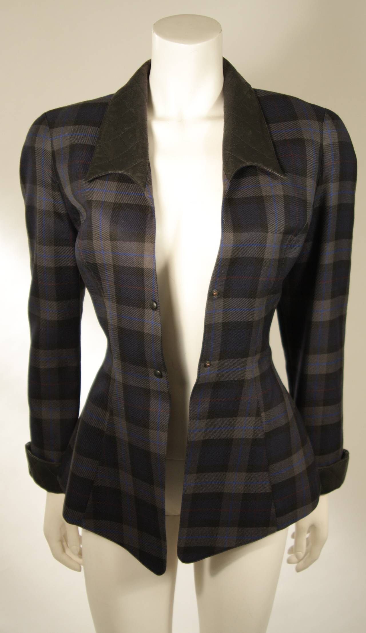 Women's Thierry Mugler Navy and Grey Plaid Skirt Suit Size 38 For Sale