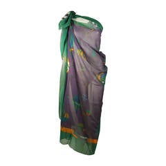 Hermes 58 x 70 Purple with Green Border Cotton Balloon Print Scarf or Wrap