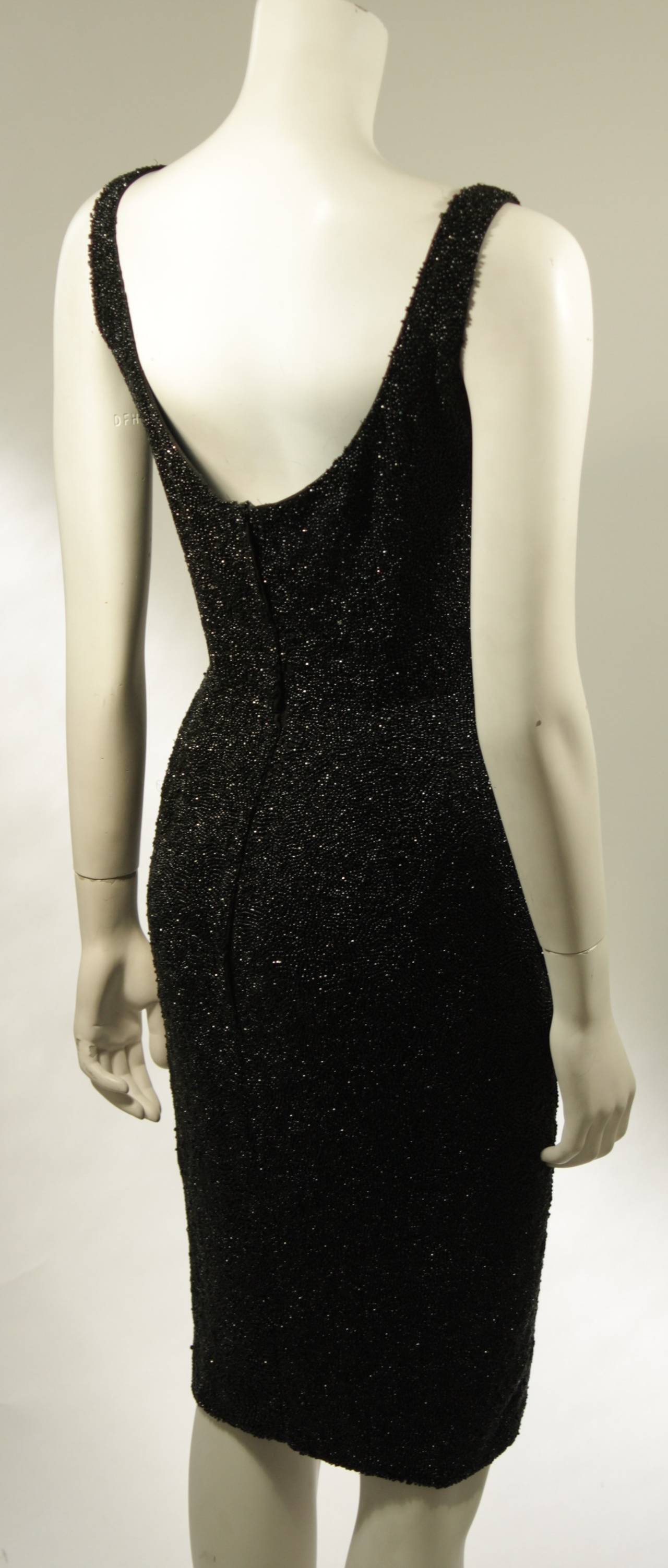 1960's Rare Black Caviar Beaded Cocktail Dress Size Large For Sale 4