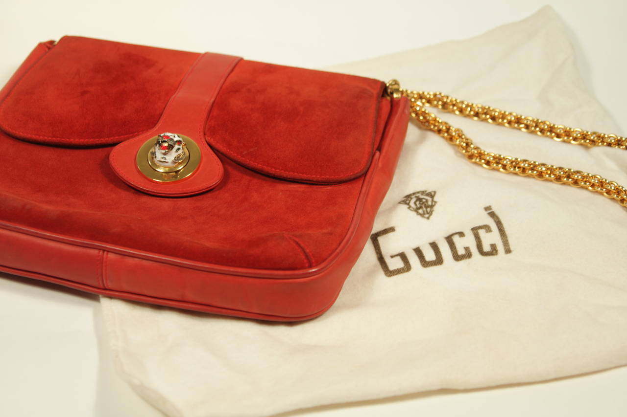 Gucci Red Rust Colored Suede Purse with Enamel Tiger Clasp 4