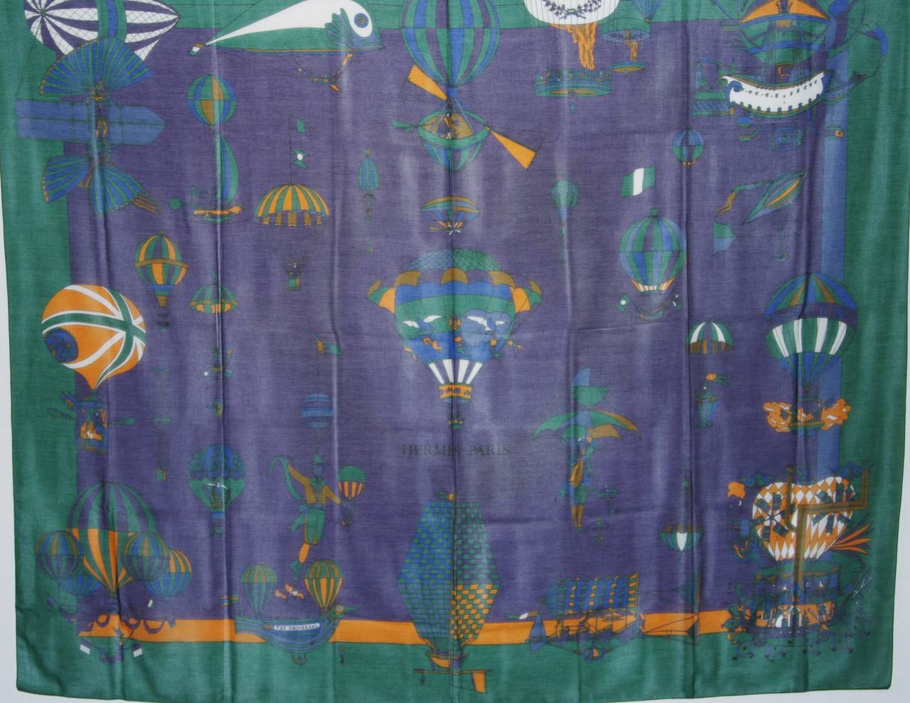 Hermes 58 x 70 Purple with Green Border Cotton Balloon Print Scarf or Wrap 2