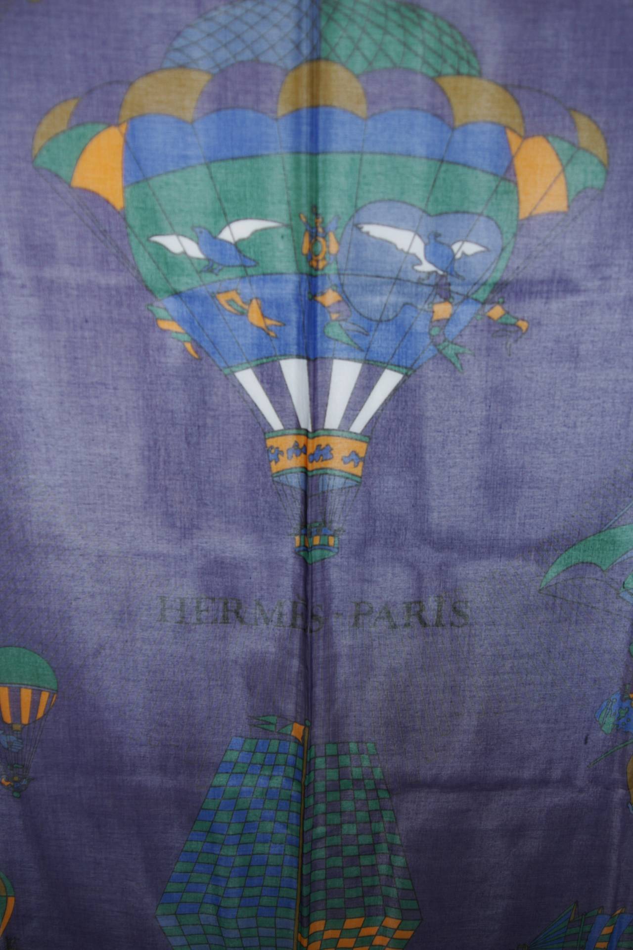 Hermes 58 x 70 Purple with Green Border Cotton Balloon Print Scarf or Wrap 3