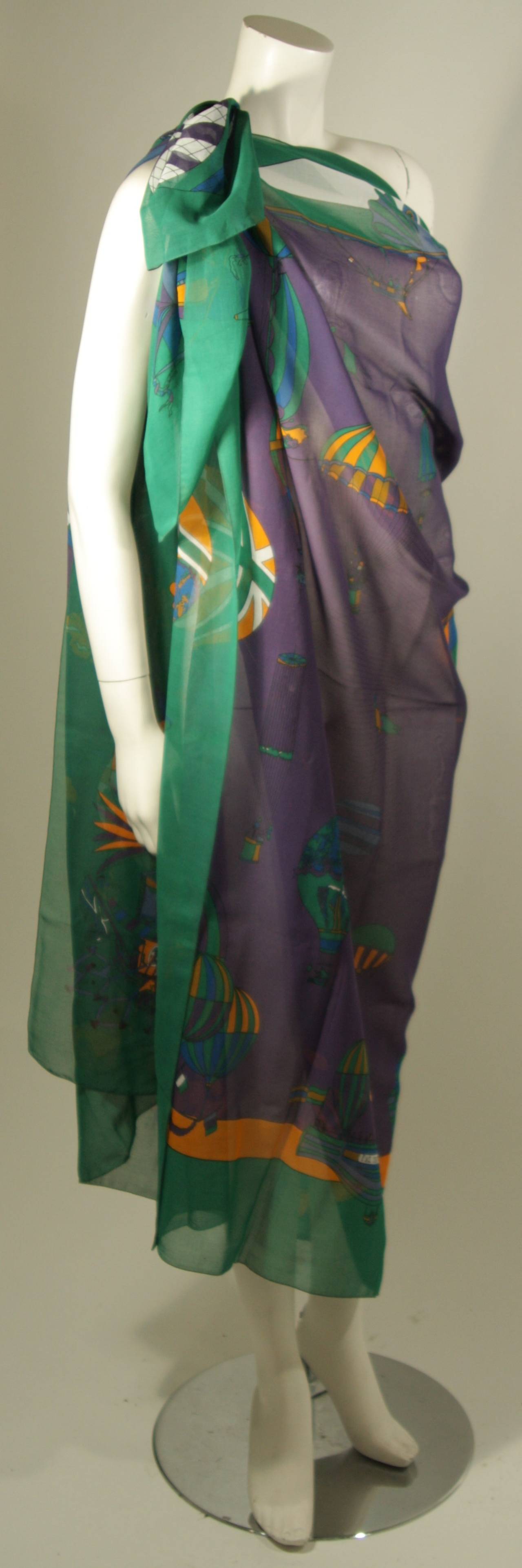 Hermes 58 x 70 Purple with Green Border Cotton Balloon Print Scarf or Wrap