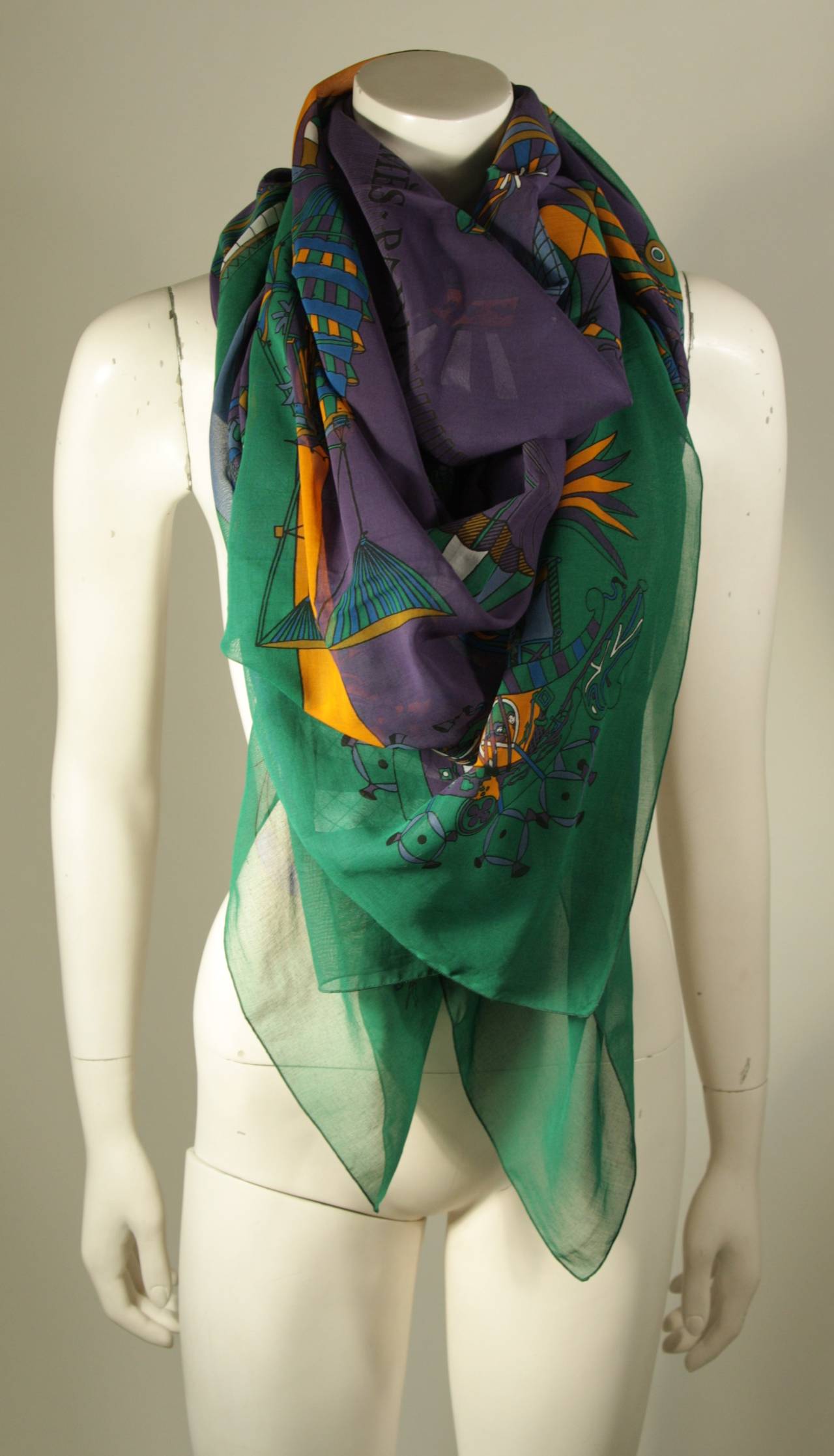 Women's Hermes 58 x 70 Purple with Green Border Cotton Balloon Print Scarf or Wrap