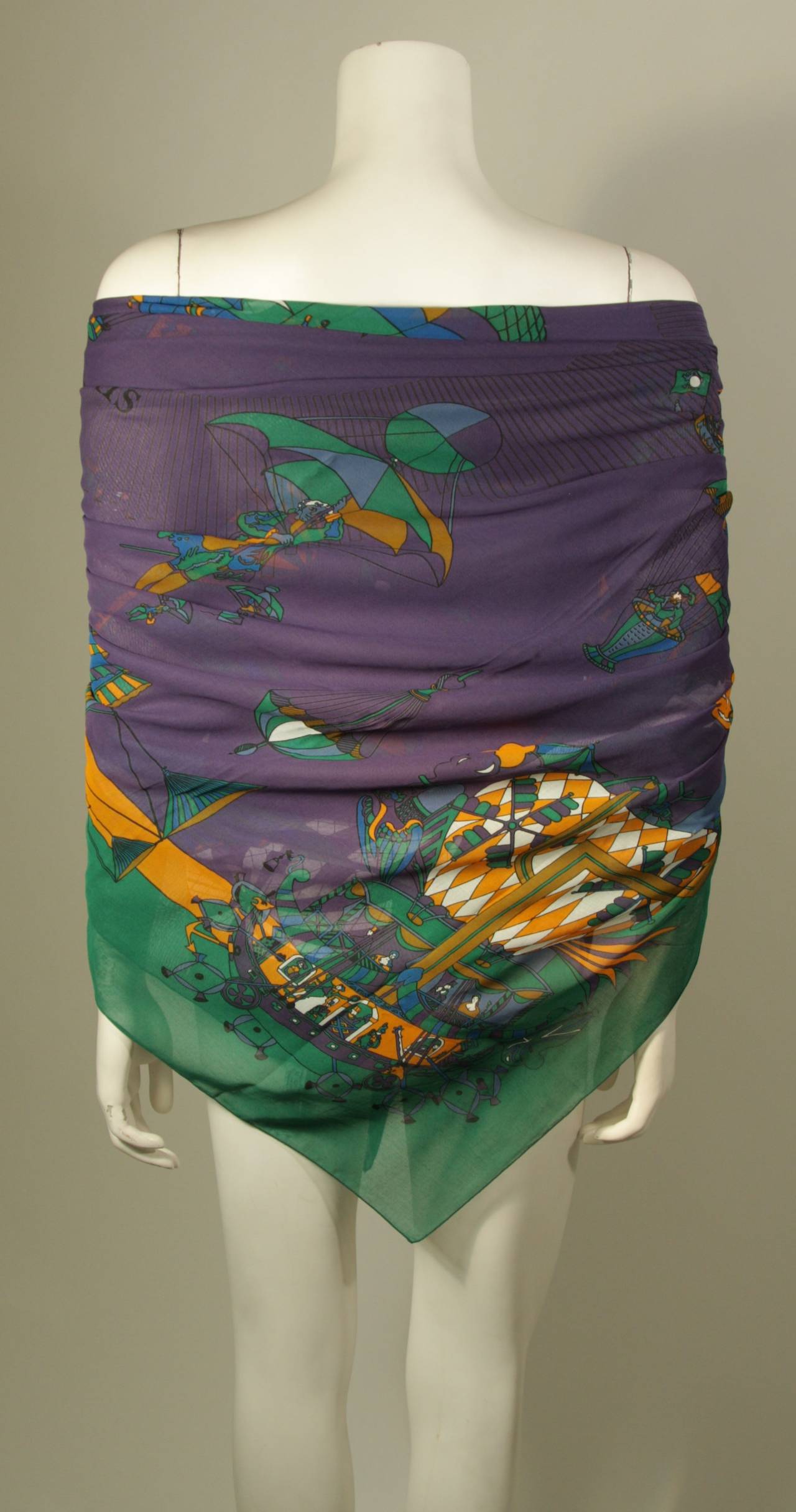 Hermes 58 x 70 Purple with Green Border Cotton Balloon Print Scarf or Wrap In Excellent Condition In Los Angeles, CA