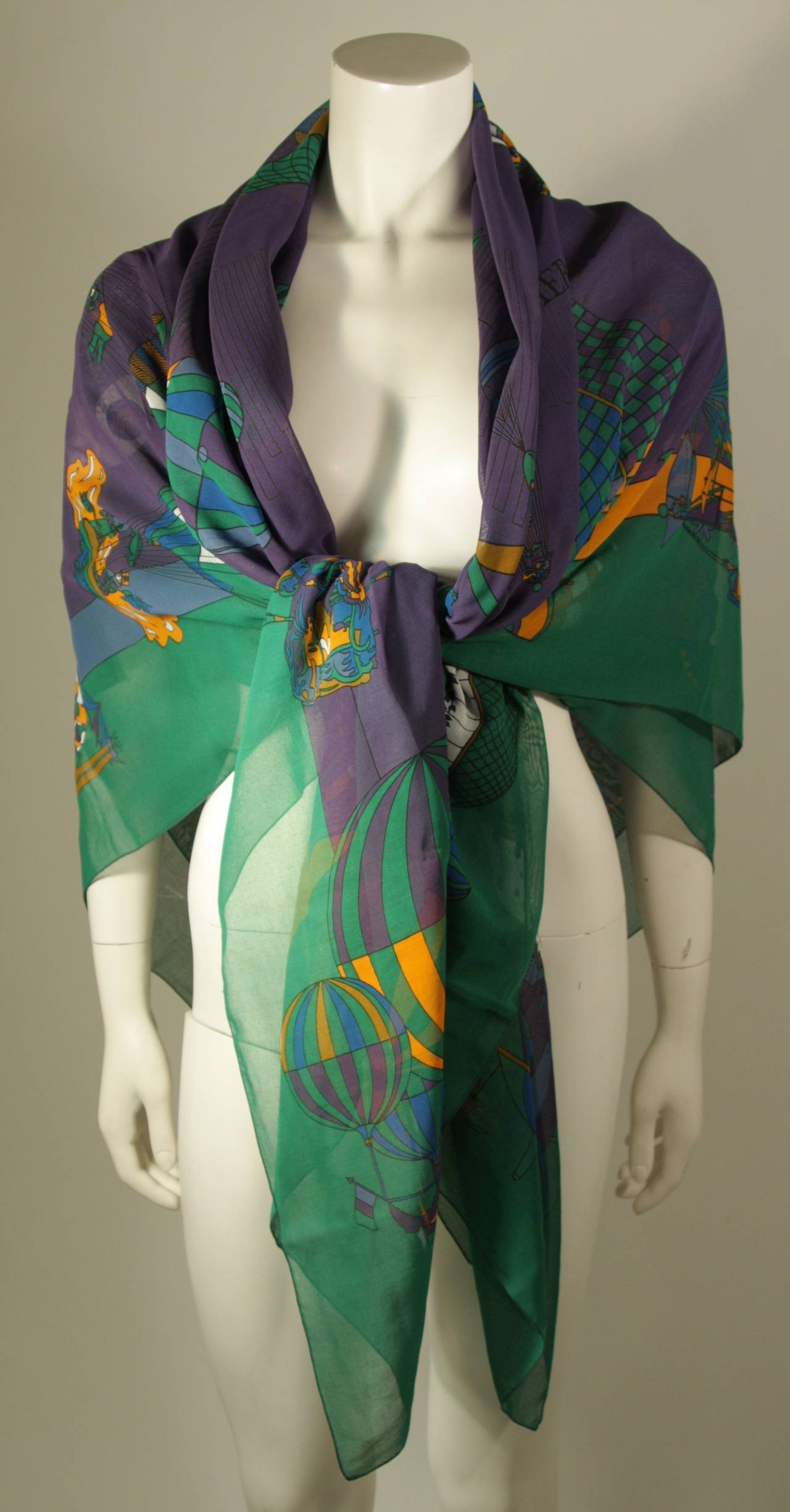 Hermes 58 x 70 Purple with Green Border Cotton Balloon Print Scarf or Wrap 1