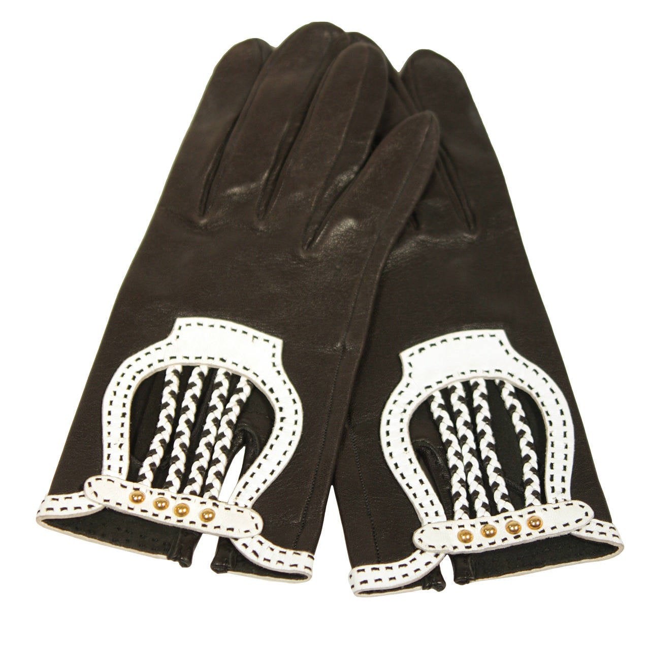 Hermes Black Leather Gloves with White Accents and Braiding Size 6.5