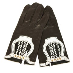 Vintage Hermes Black Leather Gloves with White Accents and Braiding Size 6.5