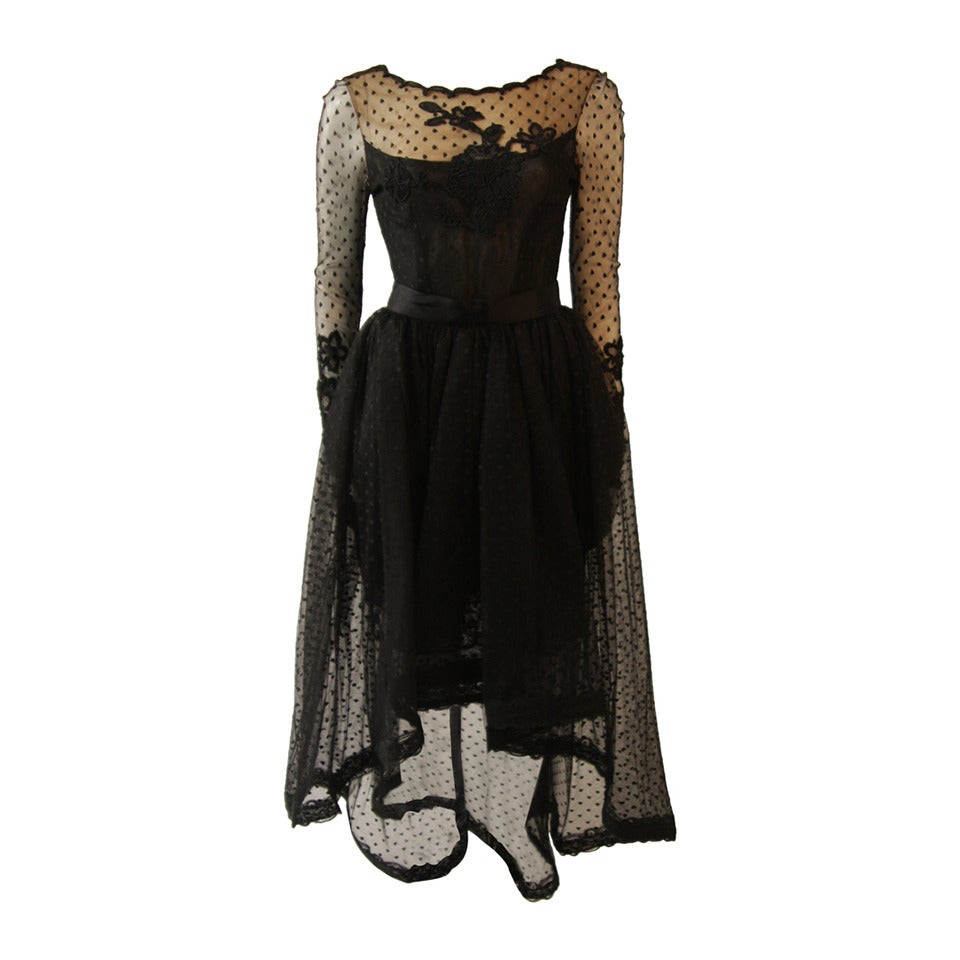 Bill Blass Black Polka Dot and Lace Cocktail Dress with Over-Skirt