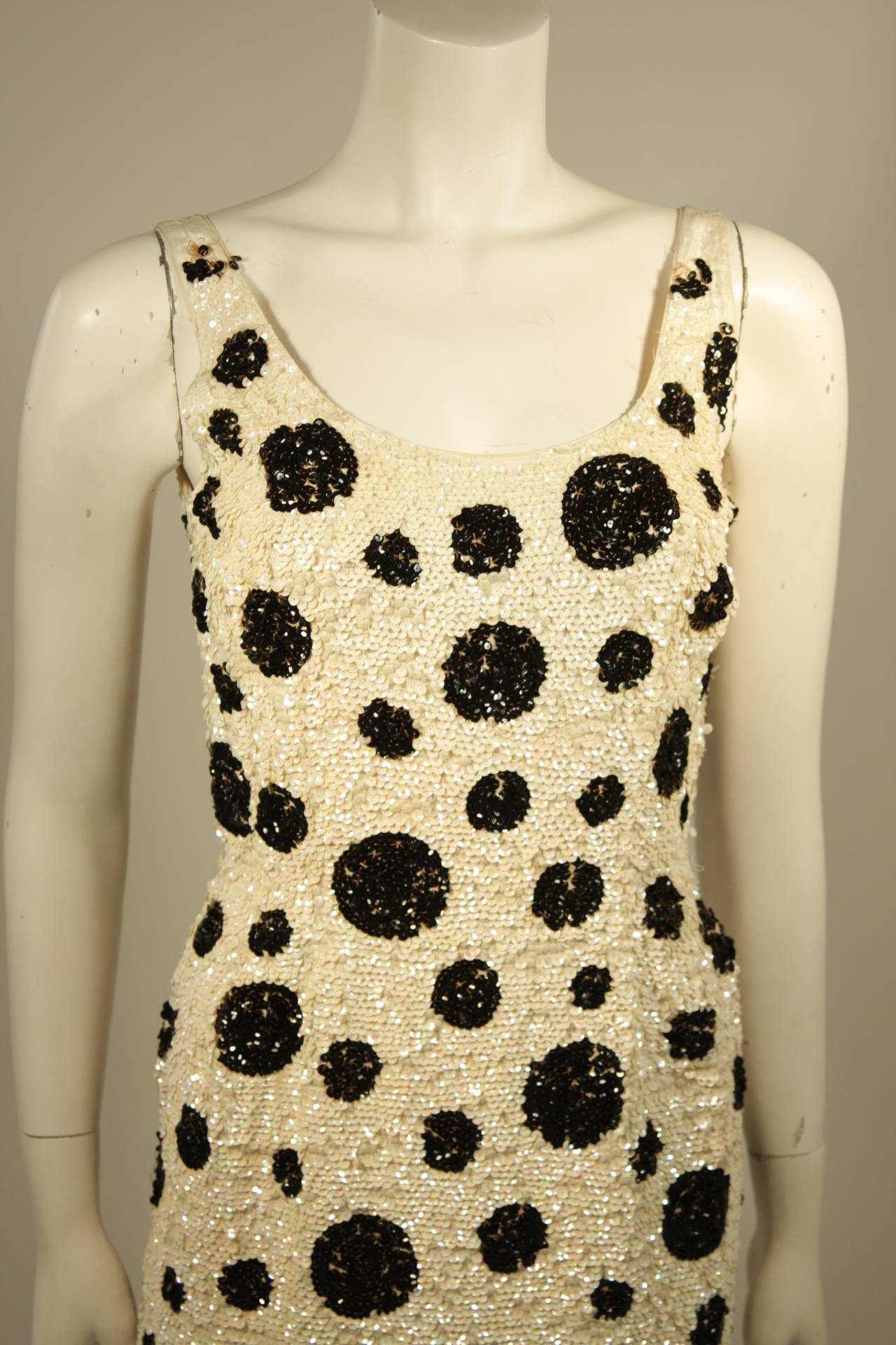 Beige Custom Black and White Iridescent Sequin Polka Dot Gown