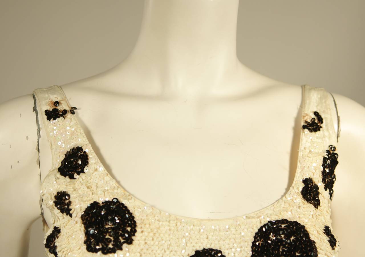 Custom Black and White Iridescent Sequin Polka Dot Gown In Excellent Condition In Los Angeles, CA