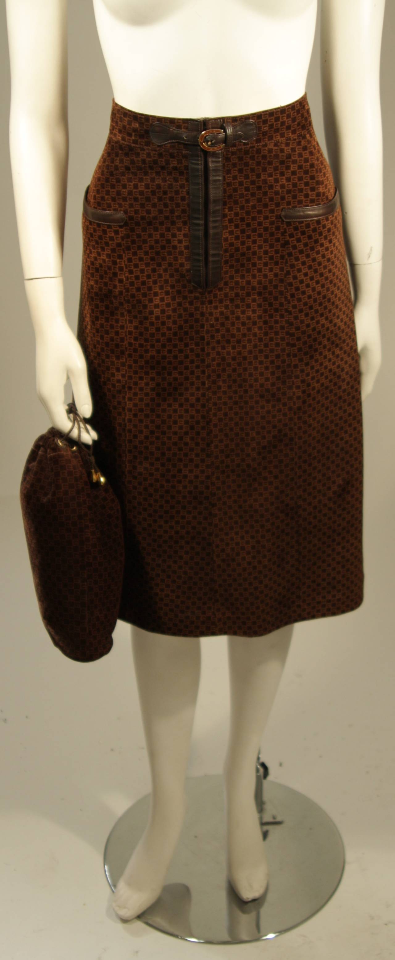 Black Gucci Brown Suede Skirt with Horse Shoe Detail