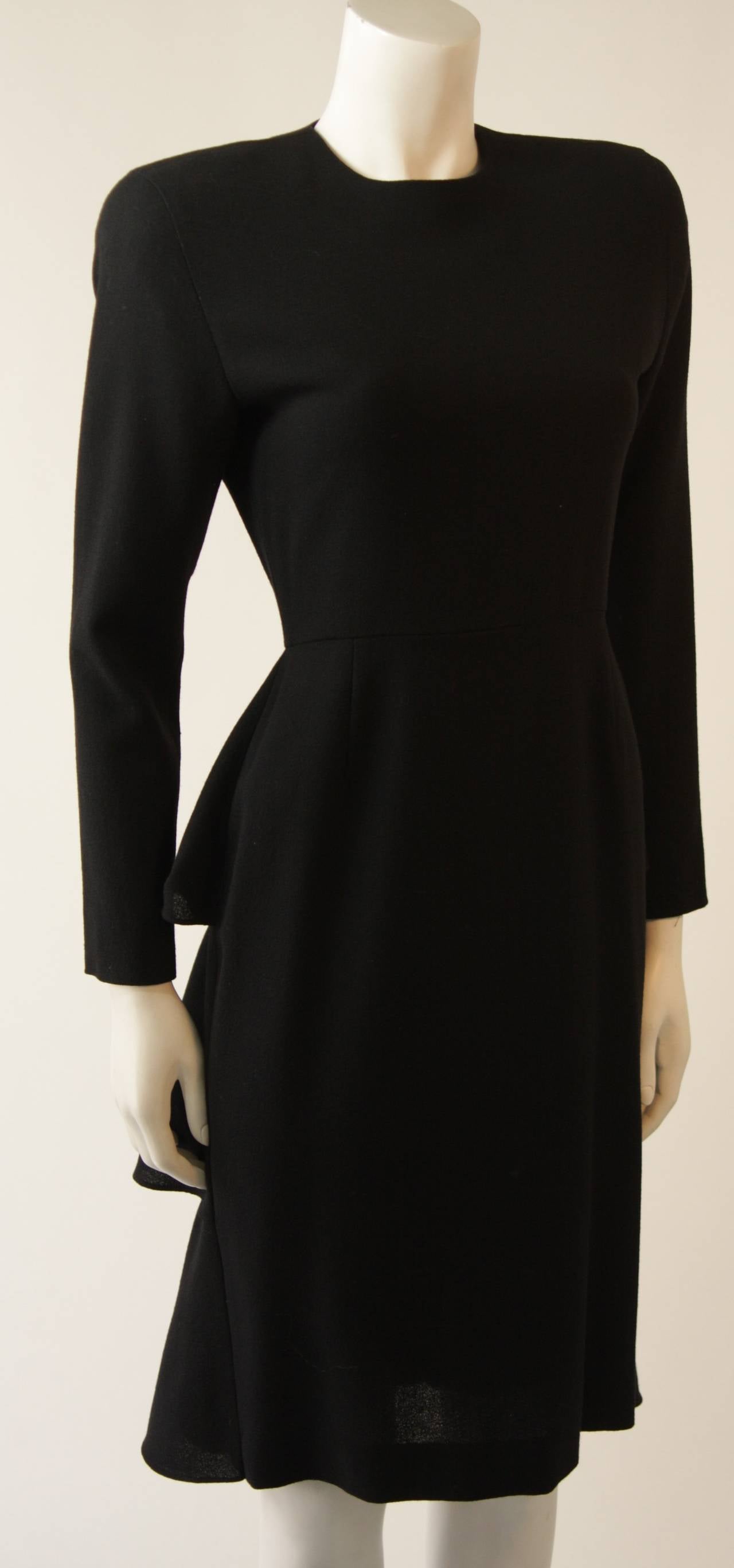 Anne Klein Black Wool Cocktail Dress with Ruffle Detail In Excellent Condition For Sale In Los Angeles, CA