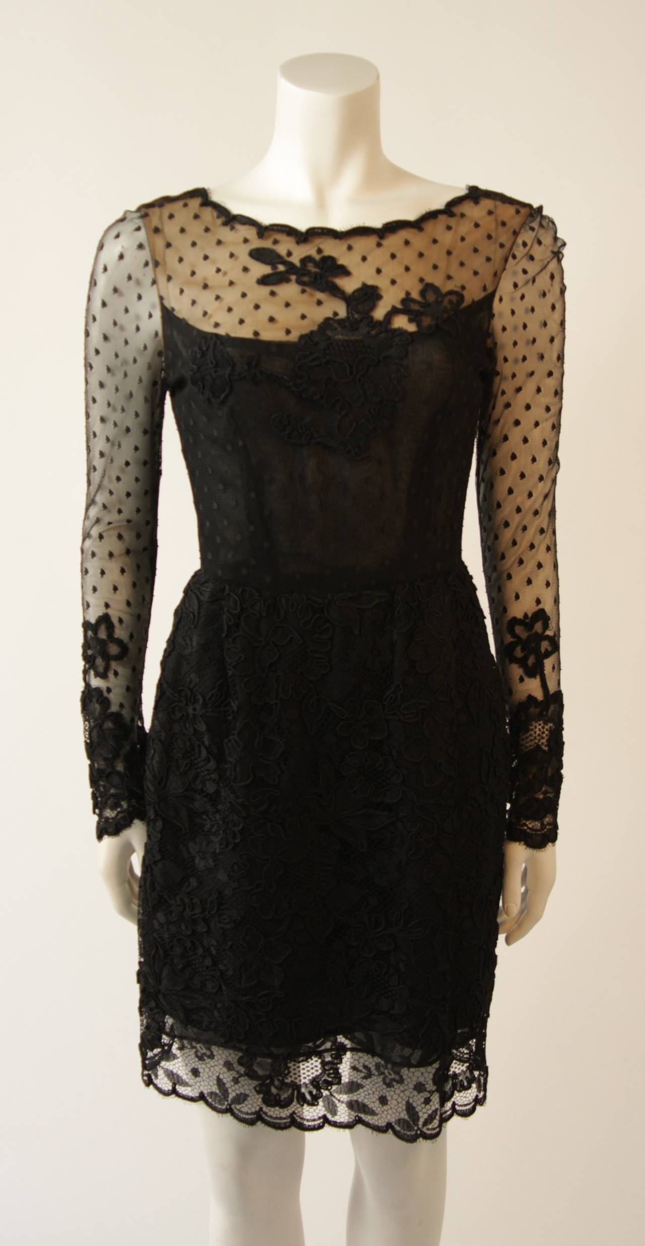 Bill Blass Black Polka Dot and Lace Cocktail Dress with Over-Skirt In Excellent Condition In Los Angeles, CA