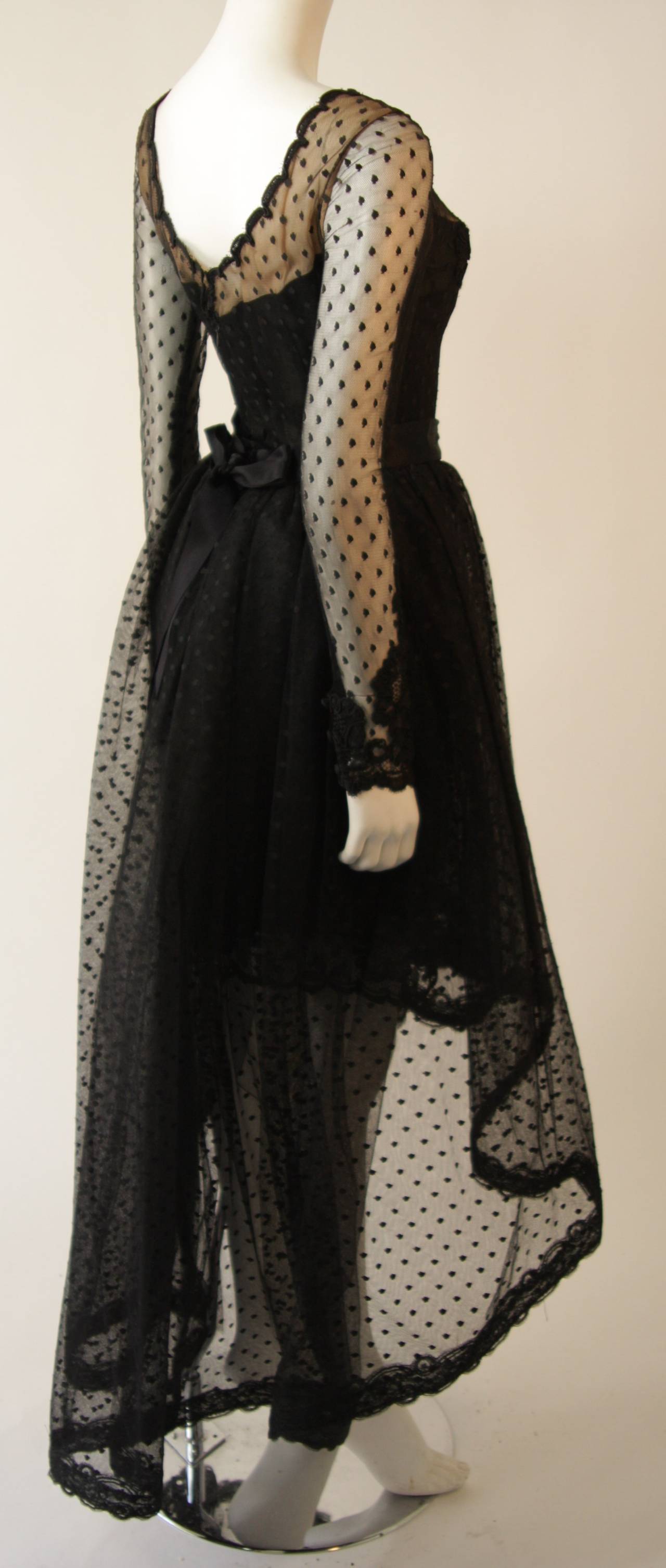 Bill Blass Black Polka Dot and Lace Cocktail Dress with Over-Skirt 2
