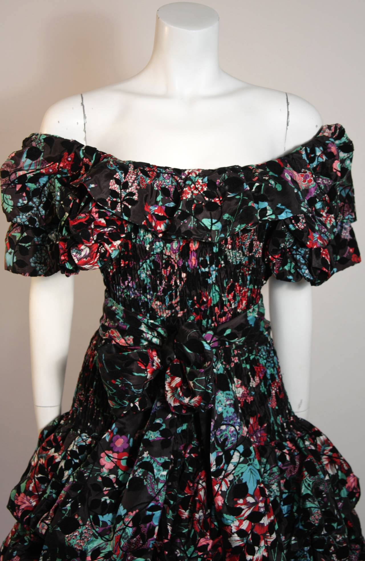 Diane Fres Gown with Velvet Accents and Smocked Bodice In Excellent Condition In Los Angeles, CA