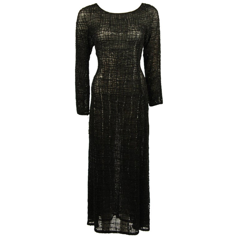 Giorgio Armani Geometric Pattern Black Beaded Gown Size 44 For Sale at ...