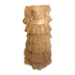 Attributed to Travilla Gold Tiered Lace Ball Gown with sheer lace sleeves size 4