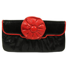 Judith Leiber Black and Red Snakeskin Clutch