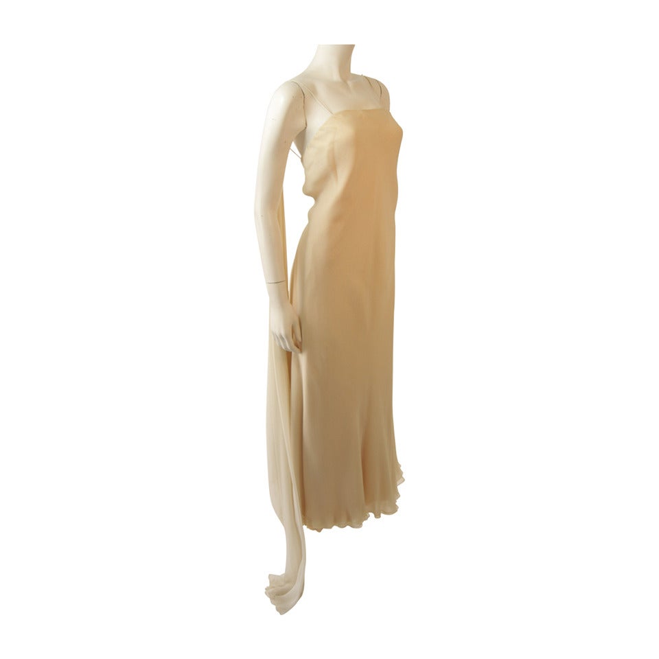 Stavropoulos 1970's Cream Silk Draped Silk Chiffon Gown